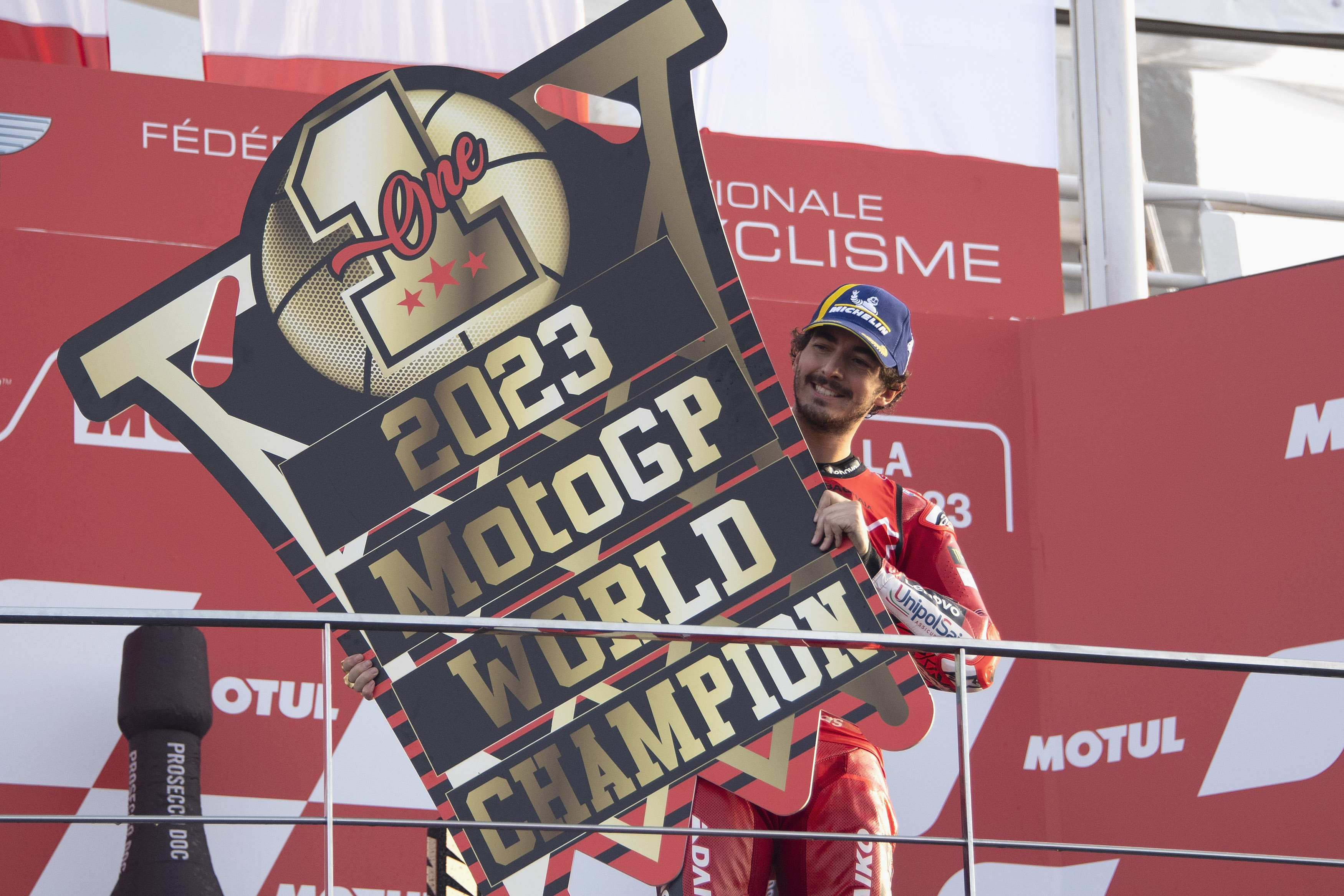 Valencia region’s Ricardo Tormo Circuit normally holds the season finale of the MotoGP World Championship where the champions of the season are crowned. Francesco Bagnaia of Italy and Ducati Lenovo Team celebrates on the podium at the 2023 Valencia MotoGP race