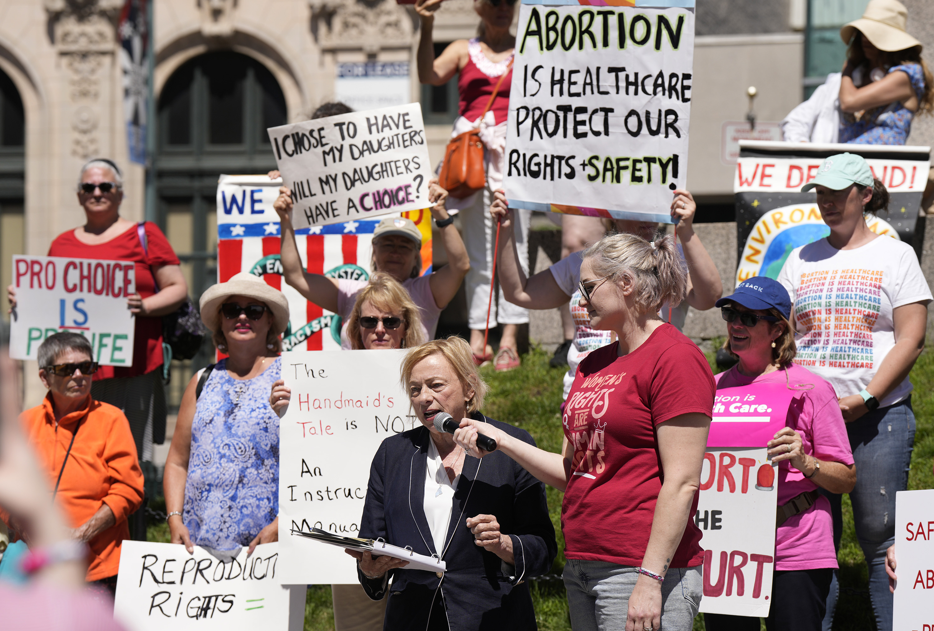 Governor Janet Mills speaks at a rally in Monument Square in Portland marking the second anniversary of the US Supreme Court decision overturning Roe v Wade