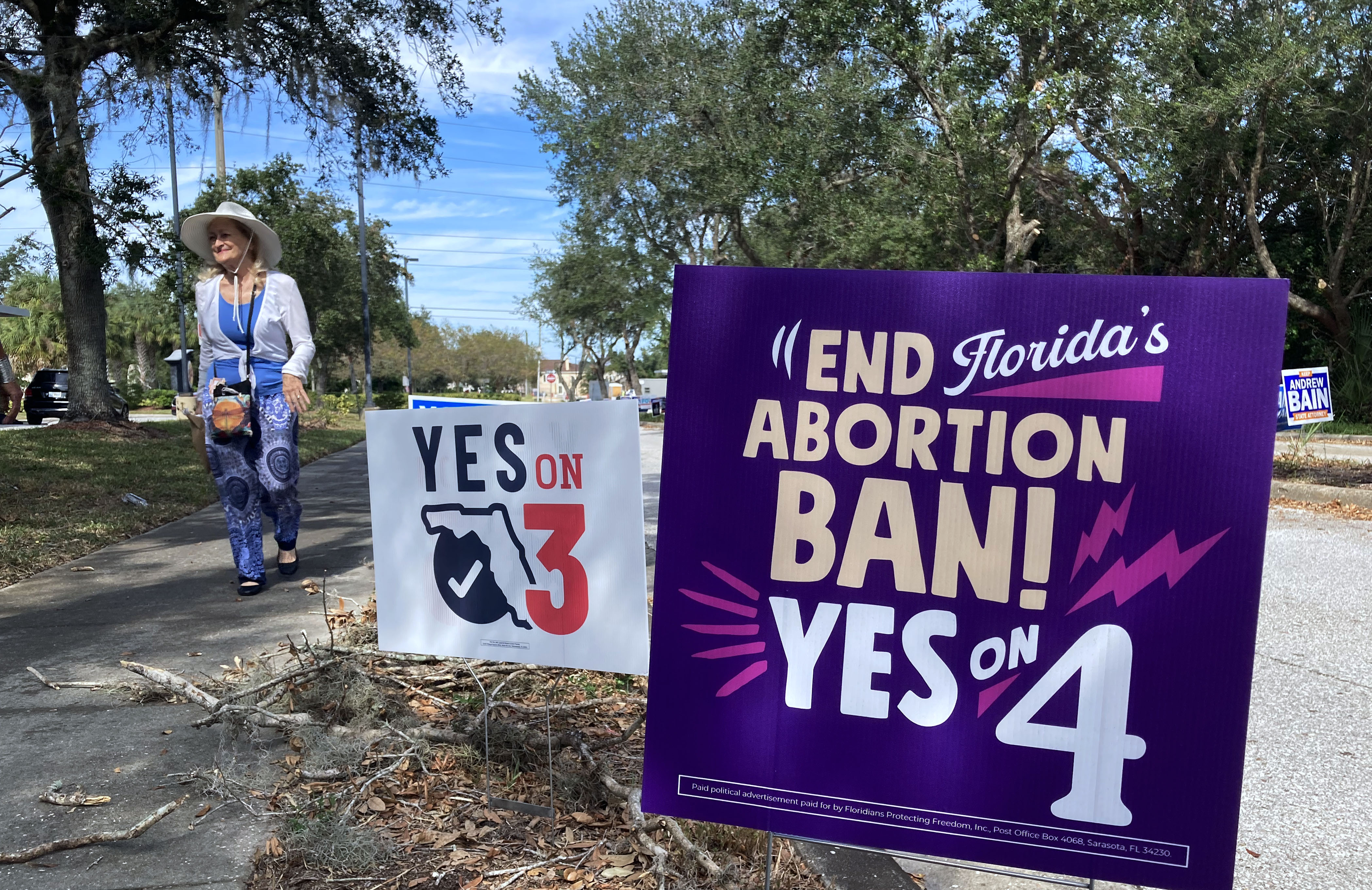 Campaign signs at an early voting site at the West Oaks Branch Library in Ocoee, Florida, United States on October 27, 2024