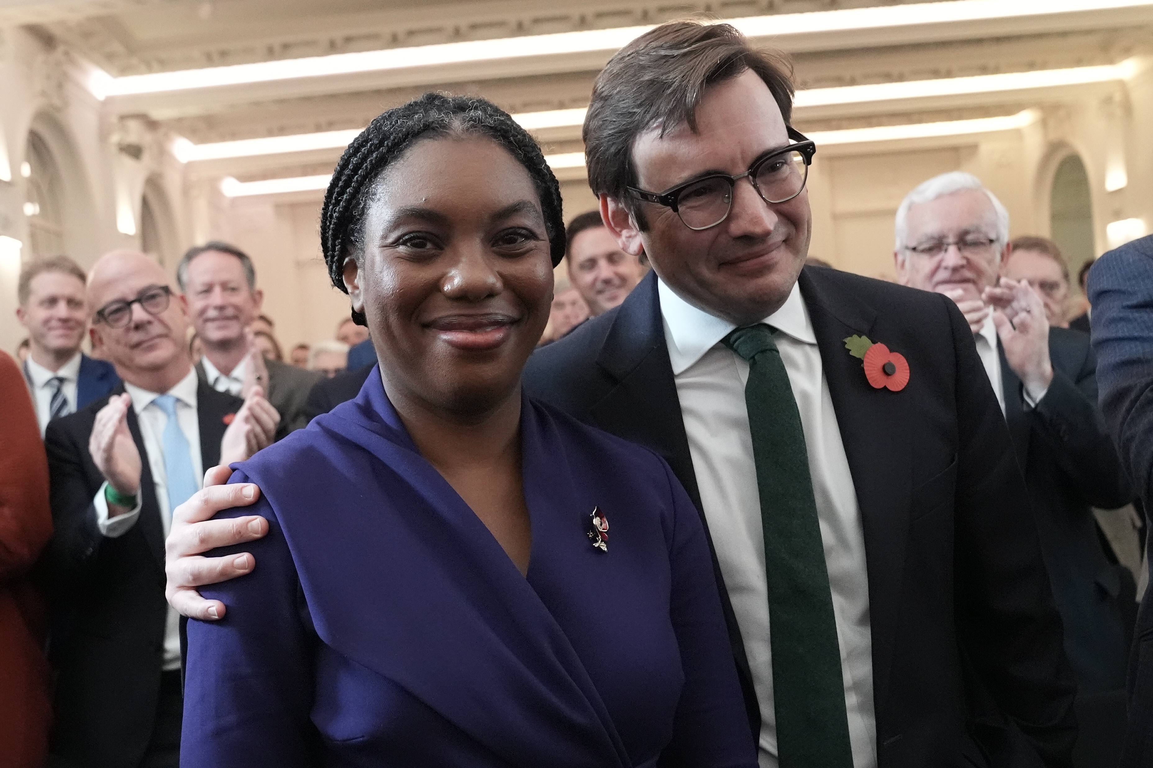 Kemi Badenoch is congratulated by her husband, Hamish Badenoch, after being announced as the new Conservative Party leader following the vote by party members on Saturday, November 2, 2024