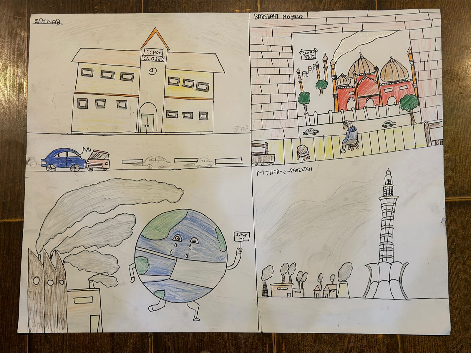 ‘Save Me’: Zainab’s drawing depicting the smog in Lahore [courtesy of Rashida Khurram]