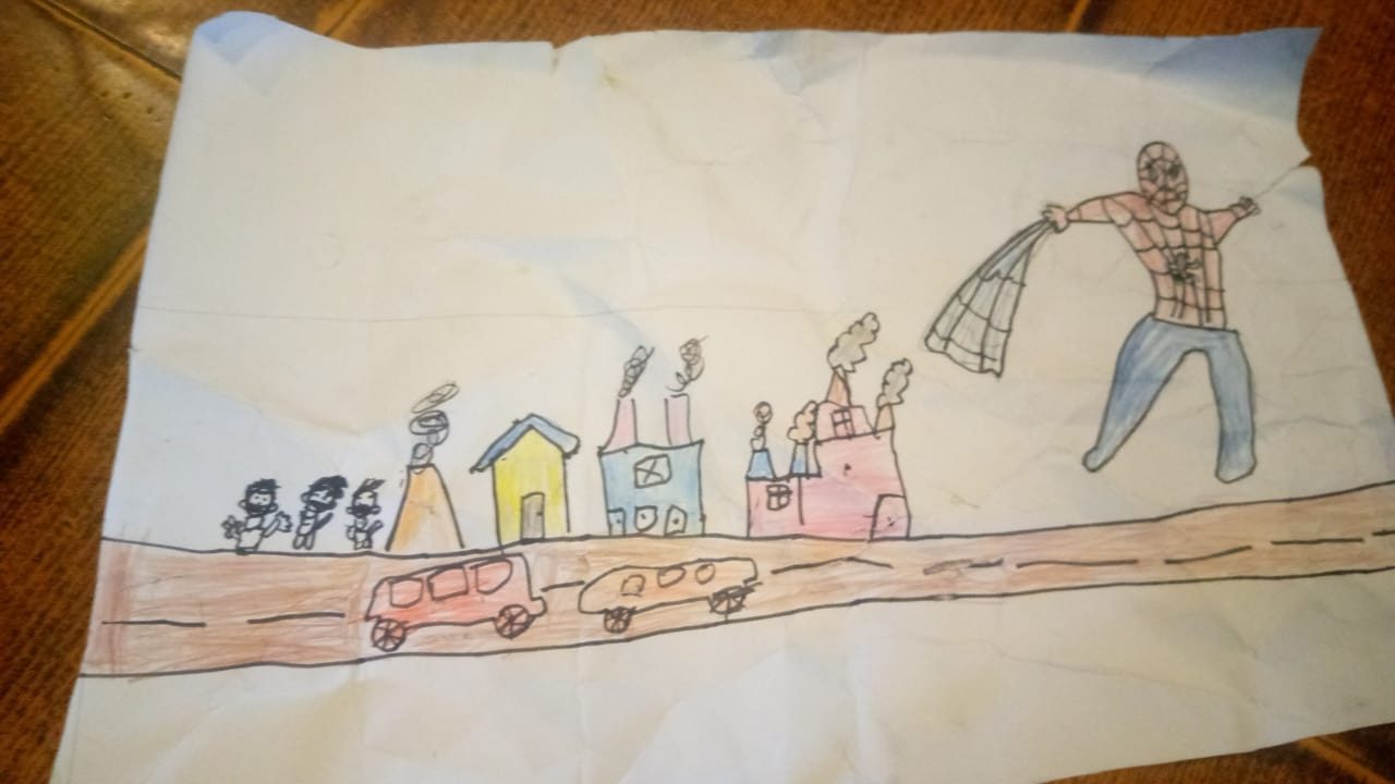 Khizar’s drawing shows his favourite superhero, Spiderman, taking on the smog in Lahore [Courtesy of Rashida Khurram]
