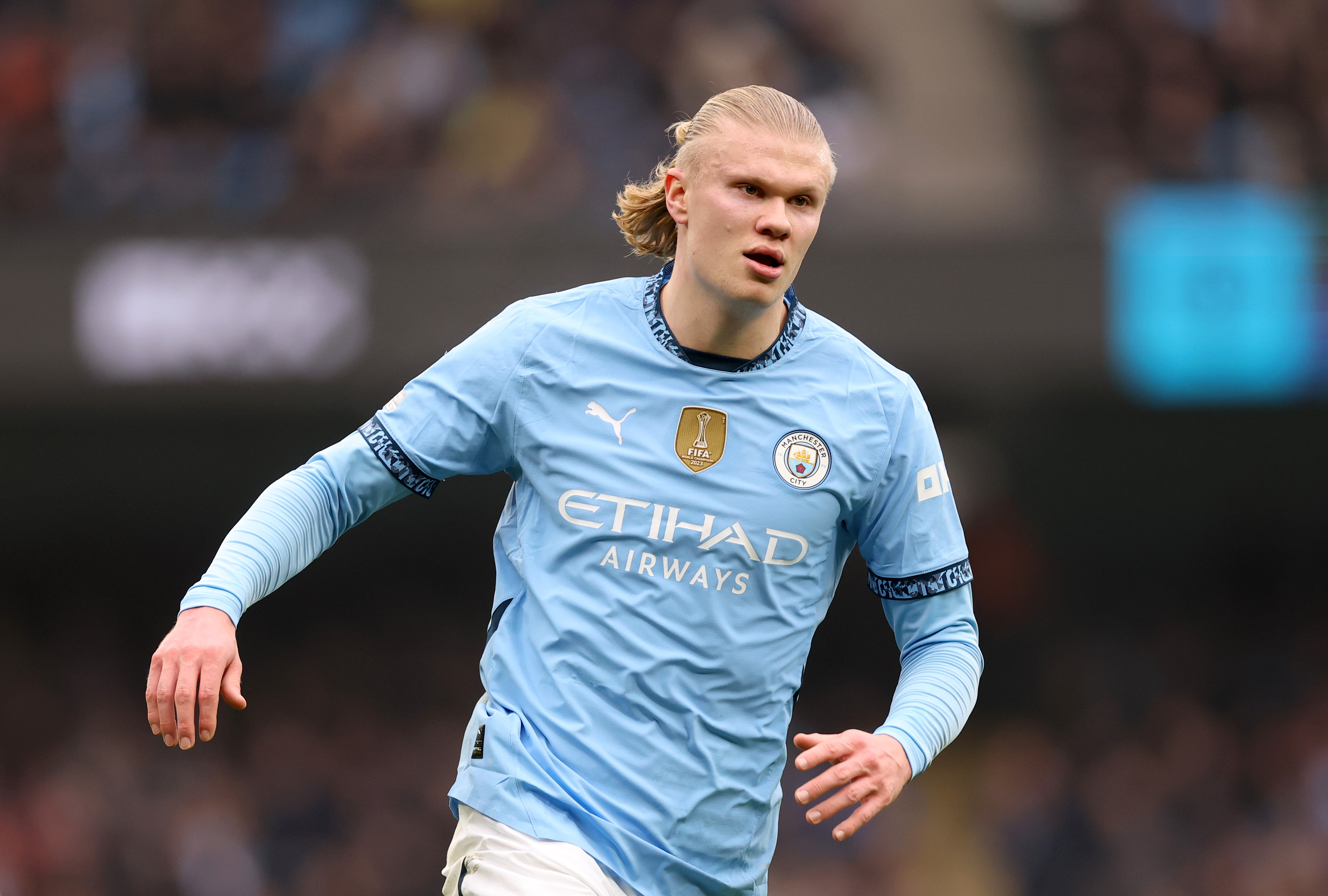 MANCHESTER, ENGLAND - DECEMBER 26: Erling Haaland of Manchester City during the Premier League match between Manchester City FC and Everton FC at Etihad Stadium on December 26, 2024 in Manchester, England. (Photo by Carl Recine/Getty Images)