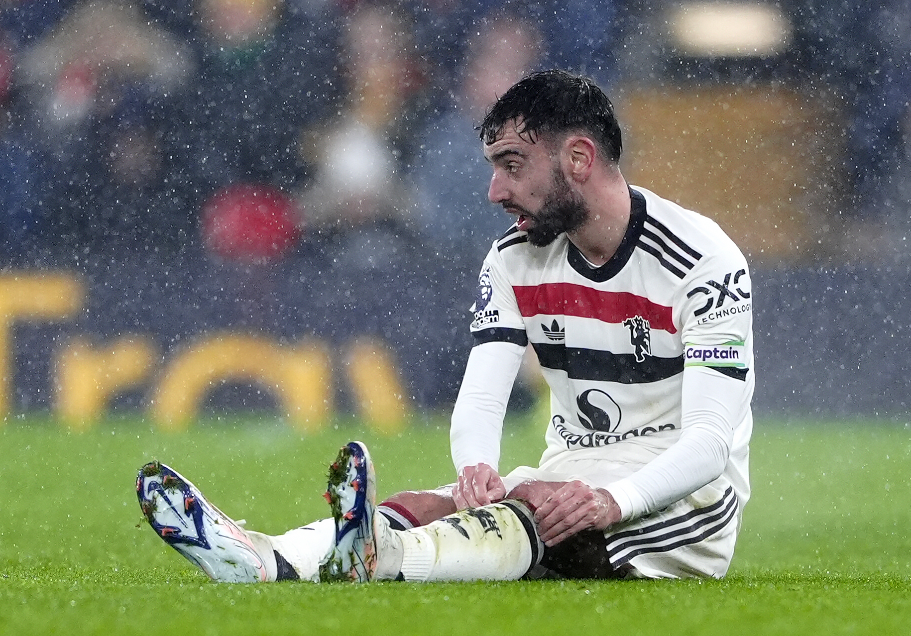 Manchester United's Bruno Fernandes reacts during the Premier League match at Anfield, Liverpool. Picture date: Sunday January 5, 2025. (Photo by Peter Byrne/PA Images via Getty Images)