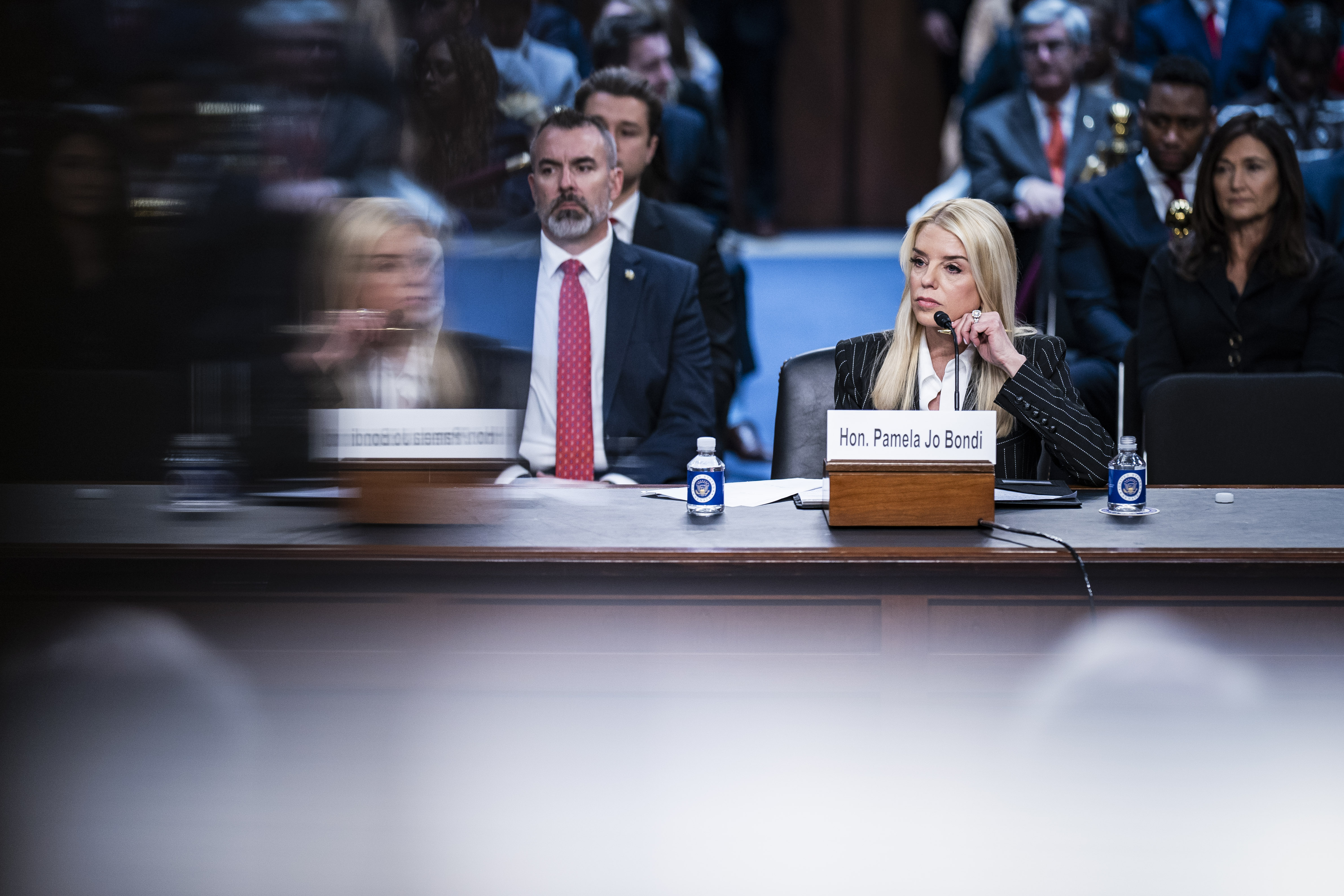 Pam Bondi listens during her Senate Judiciary Committee confirmation hearing on Capitol Hill on Wednesday, January 15, 2025 in Washington, DC