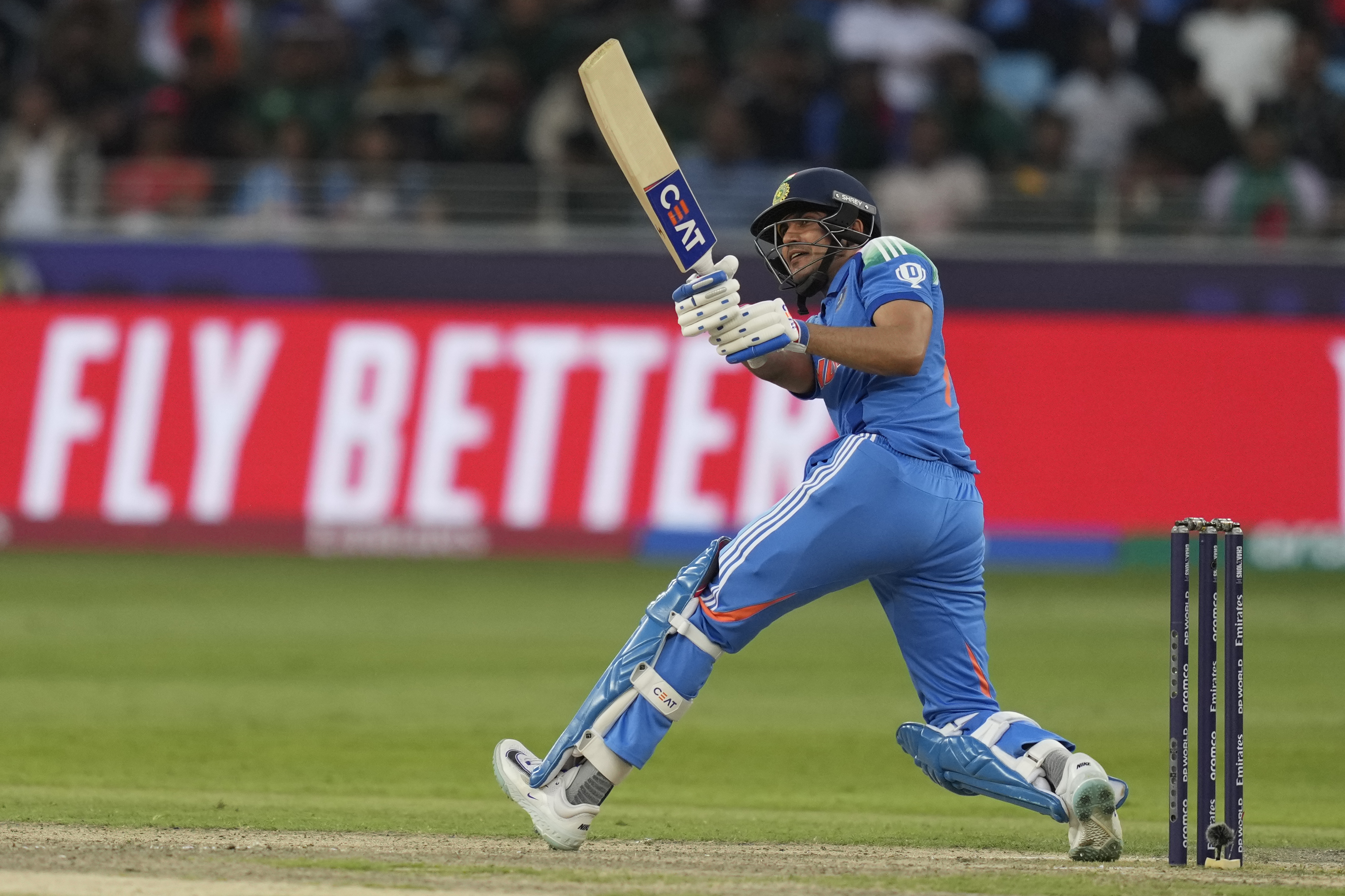 India's Shubman Gill bats during the ICC Champions Trophy cricket match between India and Bangladesh at Dubai International Cricket Stadium in Dubai, United Arab Emirates, Thursday, Feb. 20, 2025. (AP Photo/Altaf Qadri)