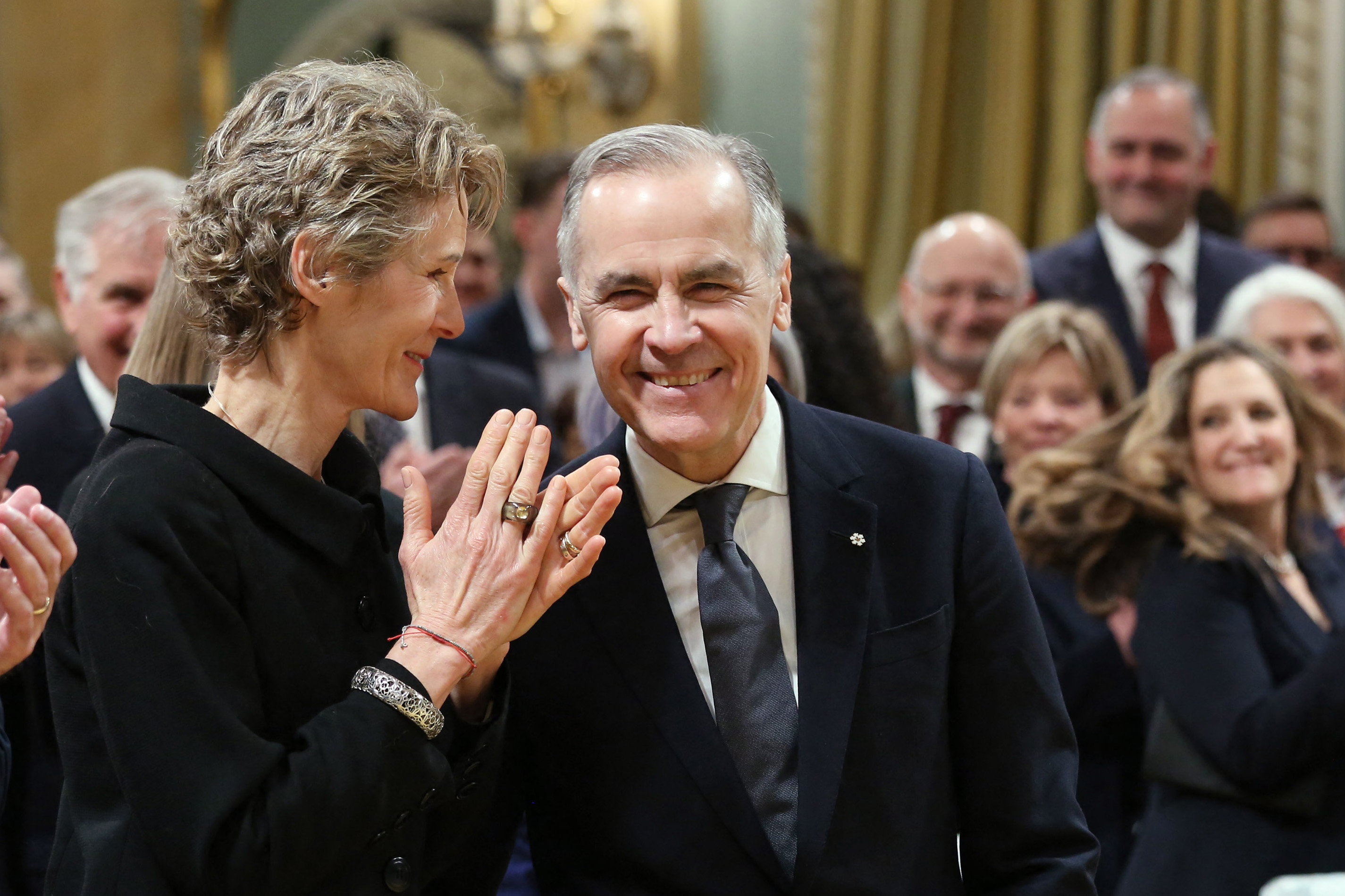 Prime Minister Mark Carney and his wife, Diana Fox Carney, arrive for his swearing-in ceremony at Rideau Hall on March 14, 2025