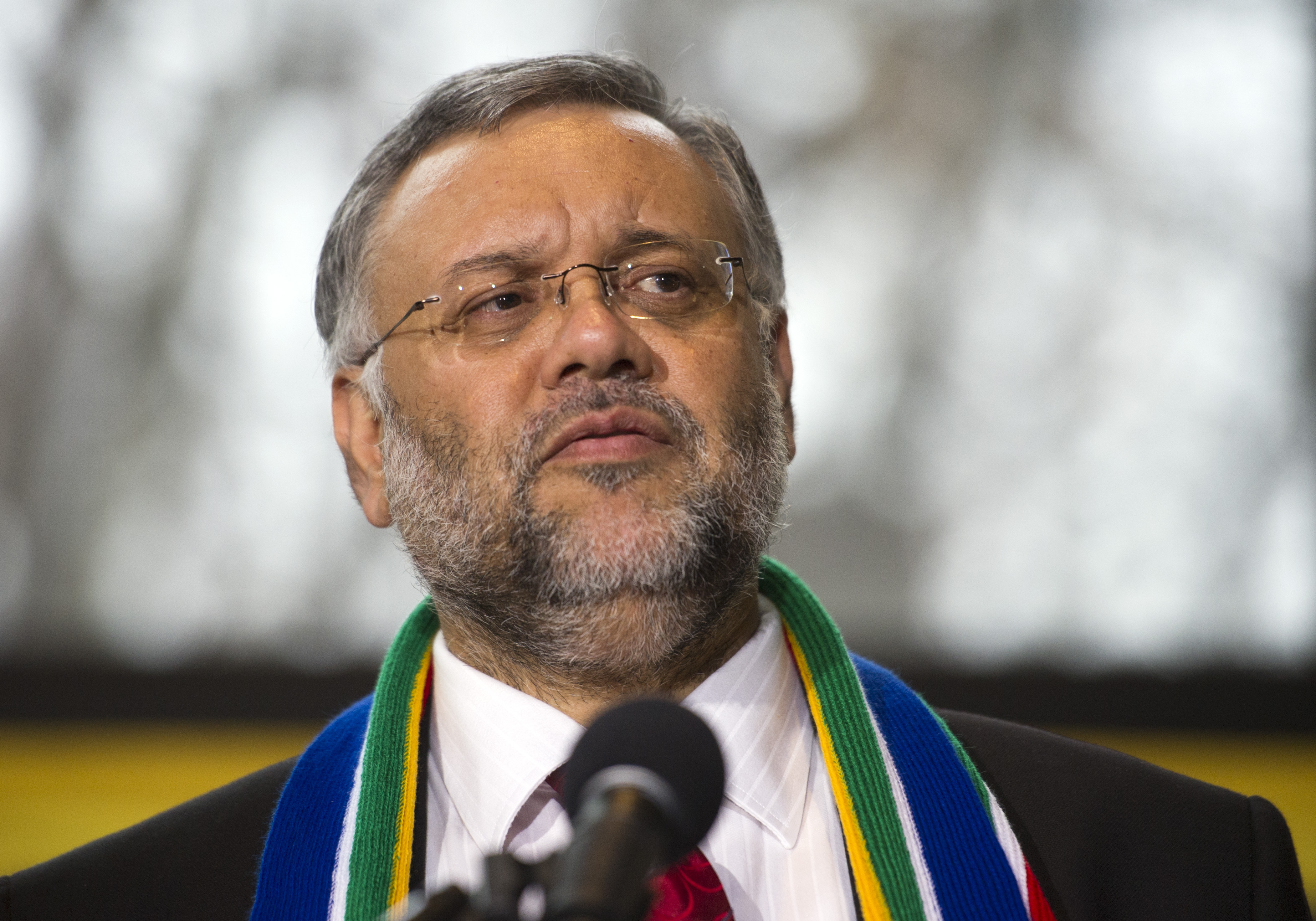 South Africa's Ambassador to the US Ebrahim Rasool speaks at the South African embassy in Washington, DC.
