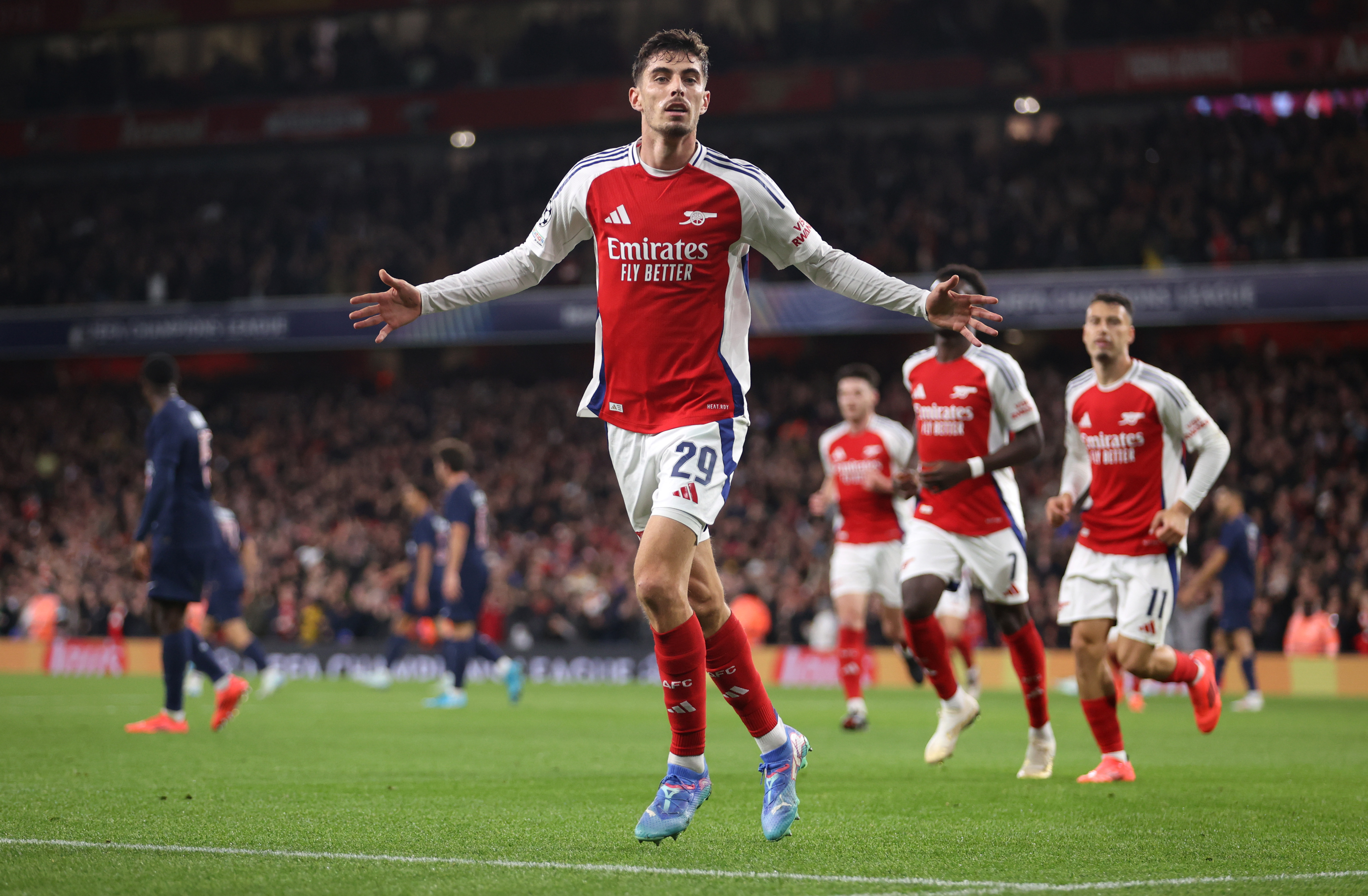 Arsenal’s Kai Havertz celebrates scoring during the UEFA Champions League group phase match against PSG at Emirates Stadium on October 1, 2024