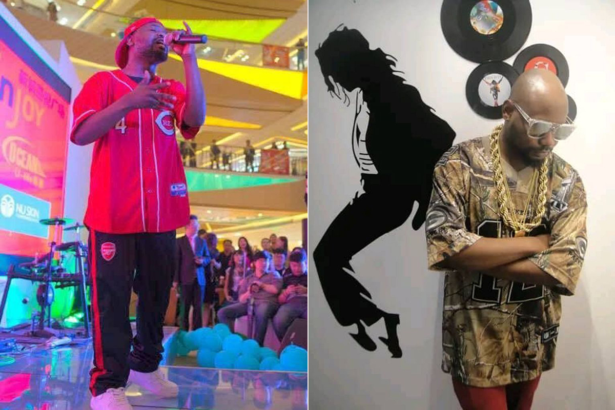Left, Stak performs a song in Mandarin at a mall in 2018, and, right, Stak before recording a hip-hop song with Chinese rapper Dapeng in 2019 [Courtesy of Jo Stak]