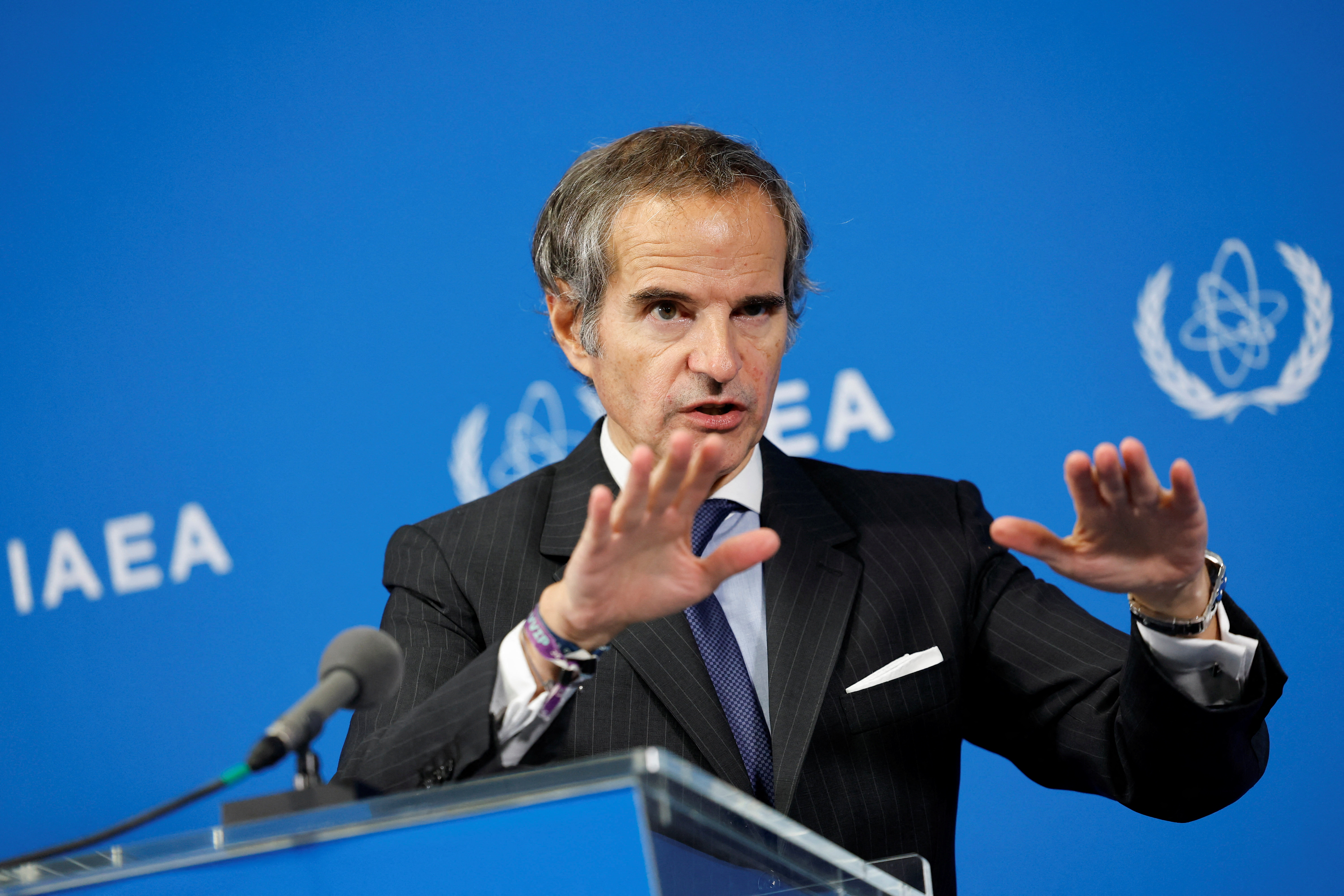 Rafael Grossi, Director General of the International Atomic Energy Agency (IAEA), speaks to journalists during a press conference in Vienna on Monday [Lisa Leutner/Reuters]