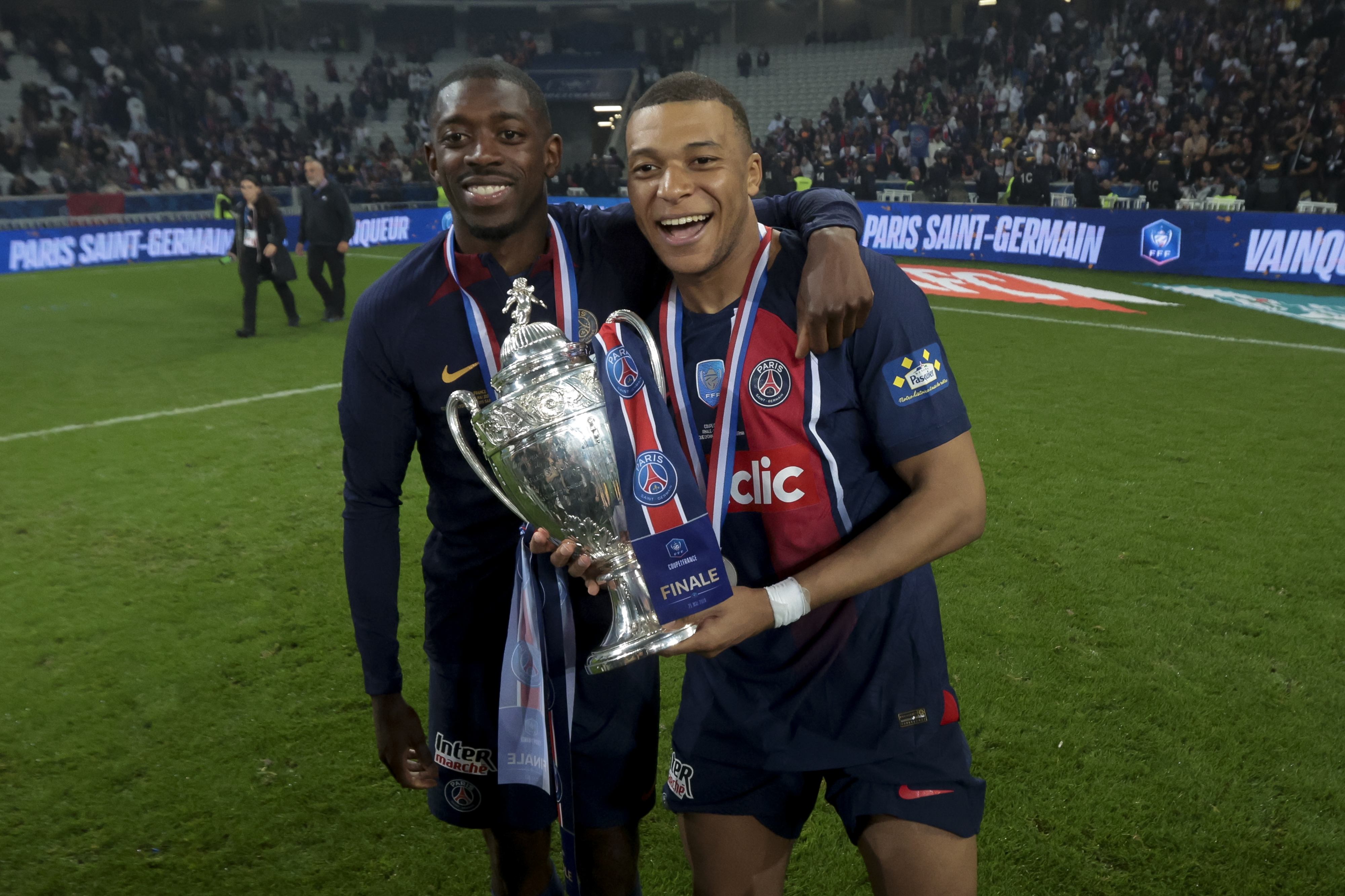 Once teammates, now rivals. Dembele, left, and Mbappe celebrate PSG’s French Cup Final victory over Olympique Lyonnais at Stade Pierre Mauroy, Decathlon Arena on May 25, 2024, in Villeneuve d’Ascq, France