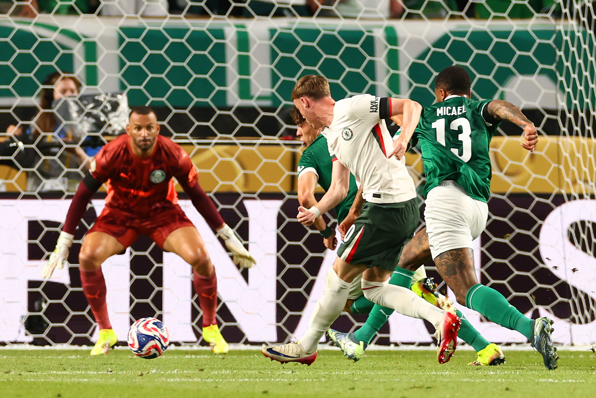 Cole Palmer of Chelsea scores the opening goal during the quarterfinal against Palmeiras at Lincoln Financial Field on July 4, 2025, in Philadelphia, Pennsylvania