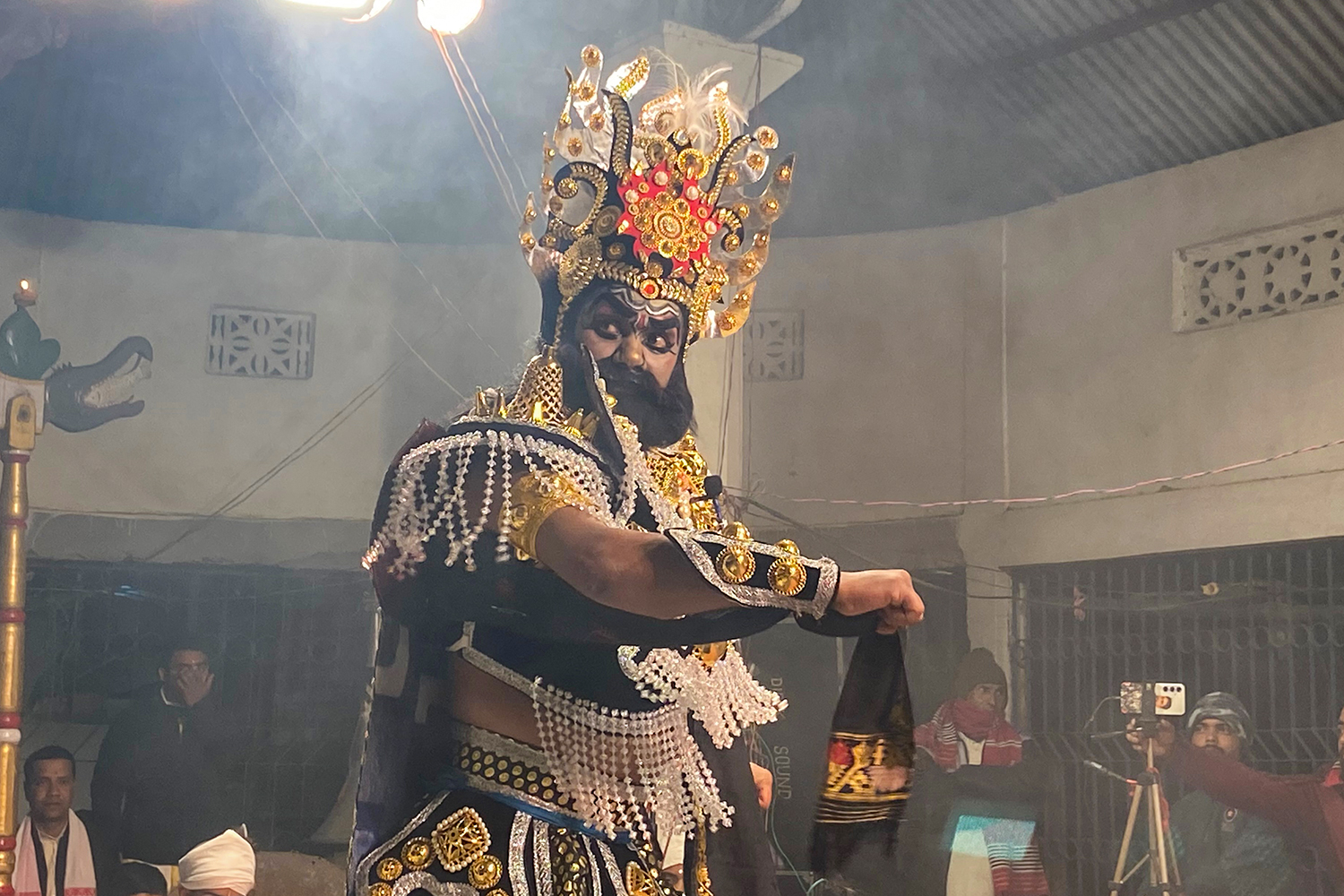 A Bhaona actor performs at a Namghar in Upper Katoni, Majuli