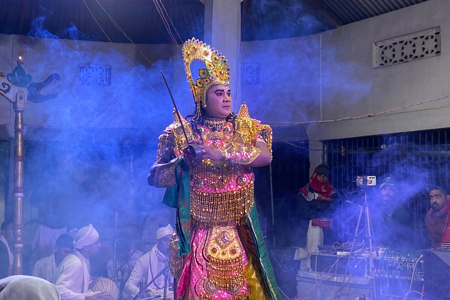 A Bhaona actor performs at a Namghar in Upper Katoni, Majuli