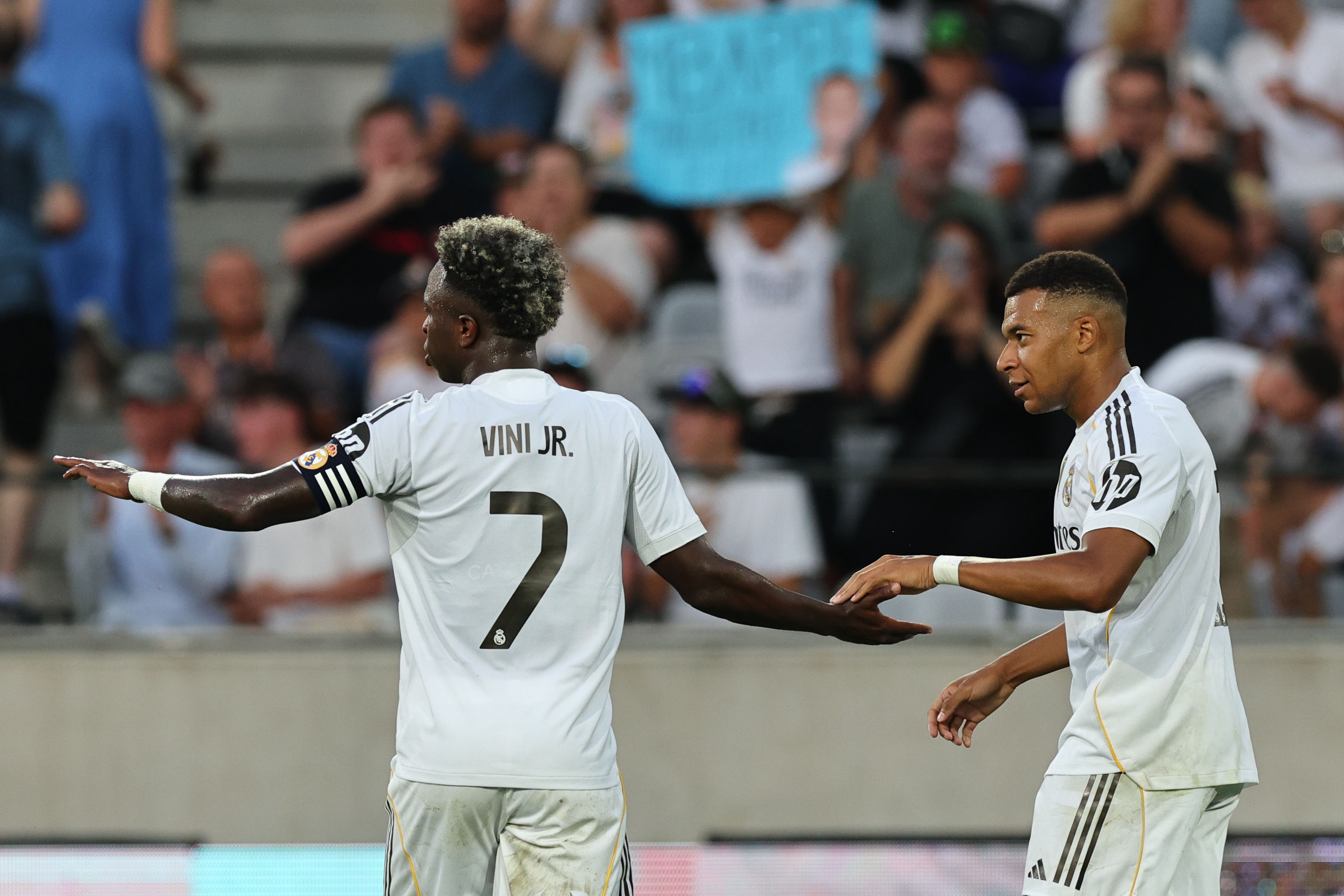 Real Madrid manager Xabi Alonso will be hoping the star forward pairing of Vinicius Junior, left, and Kylian Mbappe thrives the second time around