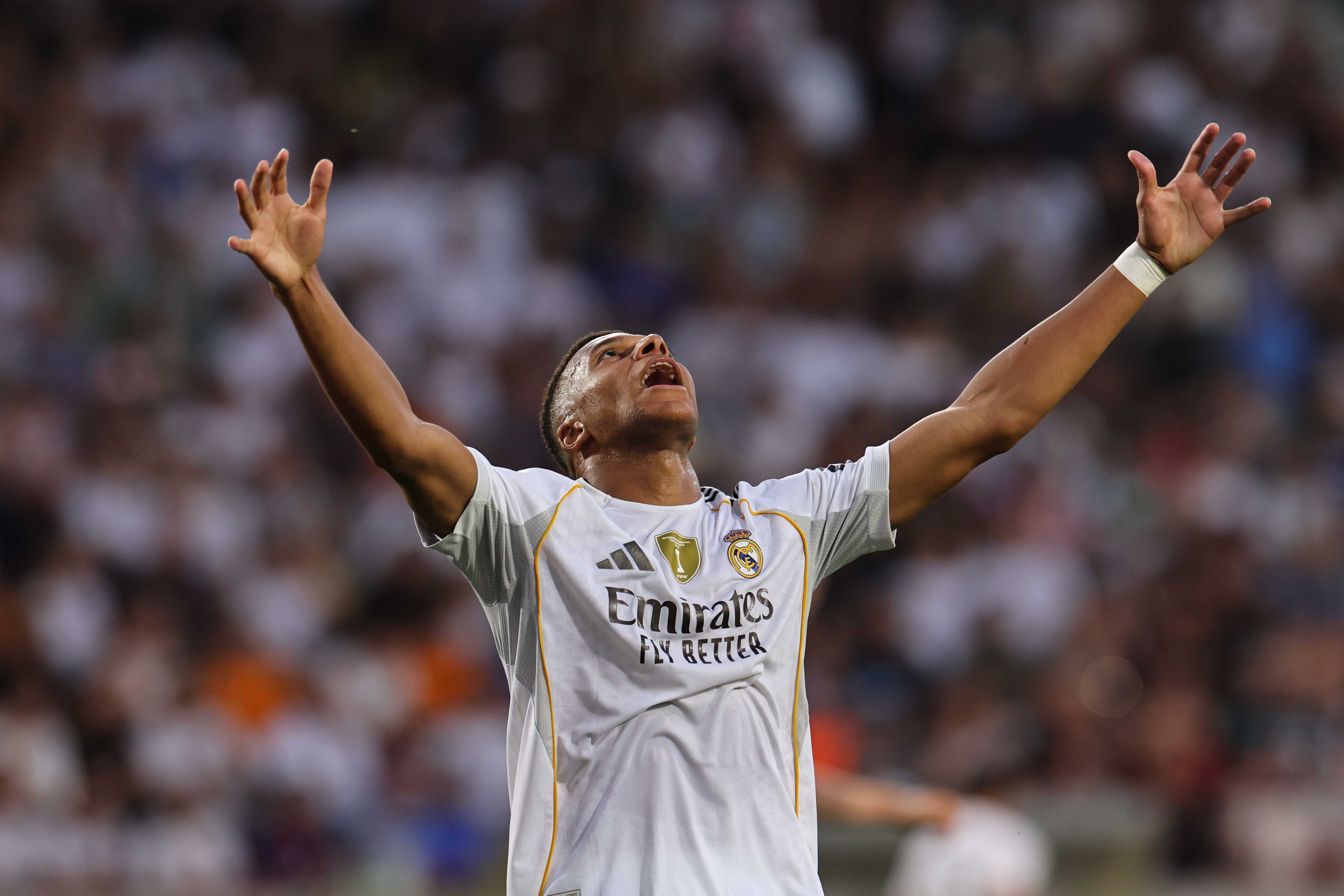 Kylian Mbappe reacts.