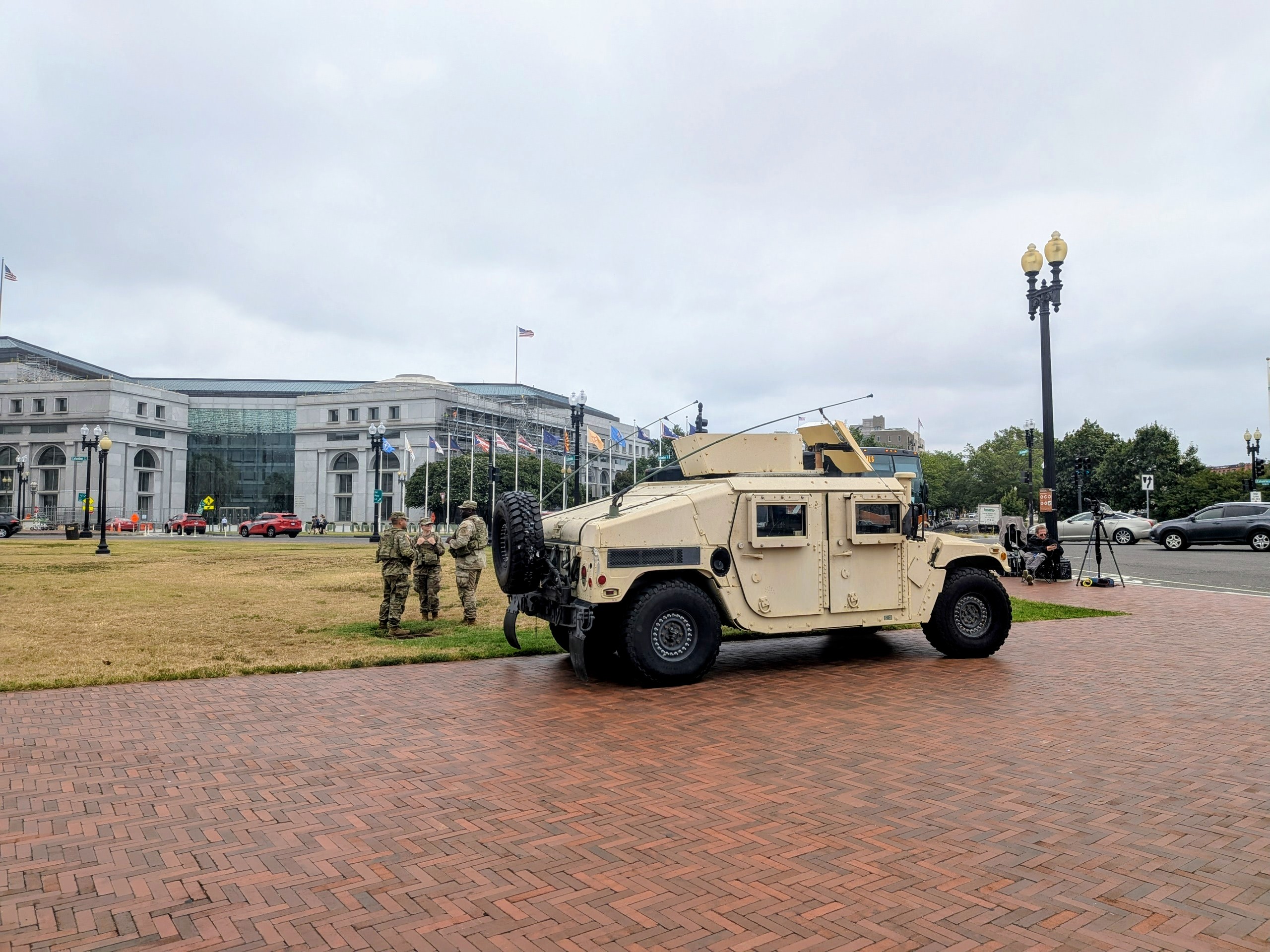 An armoured vehicle parked outside Union Station in Washington, DC, on August 21, 2025