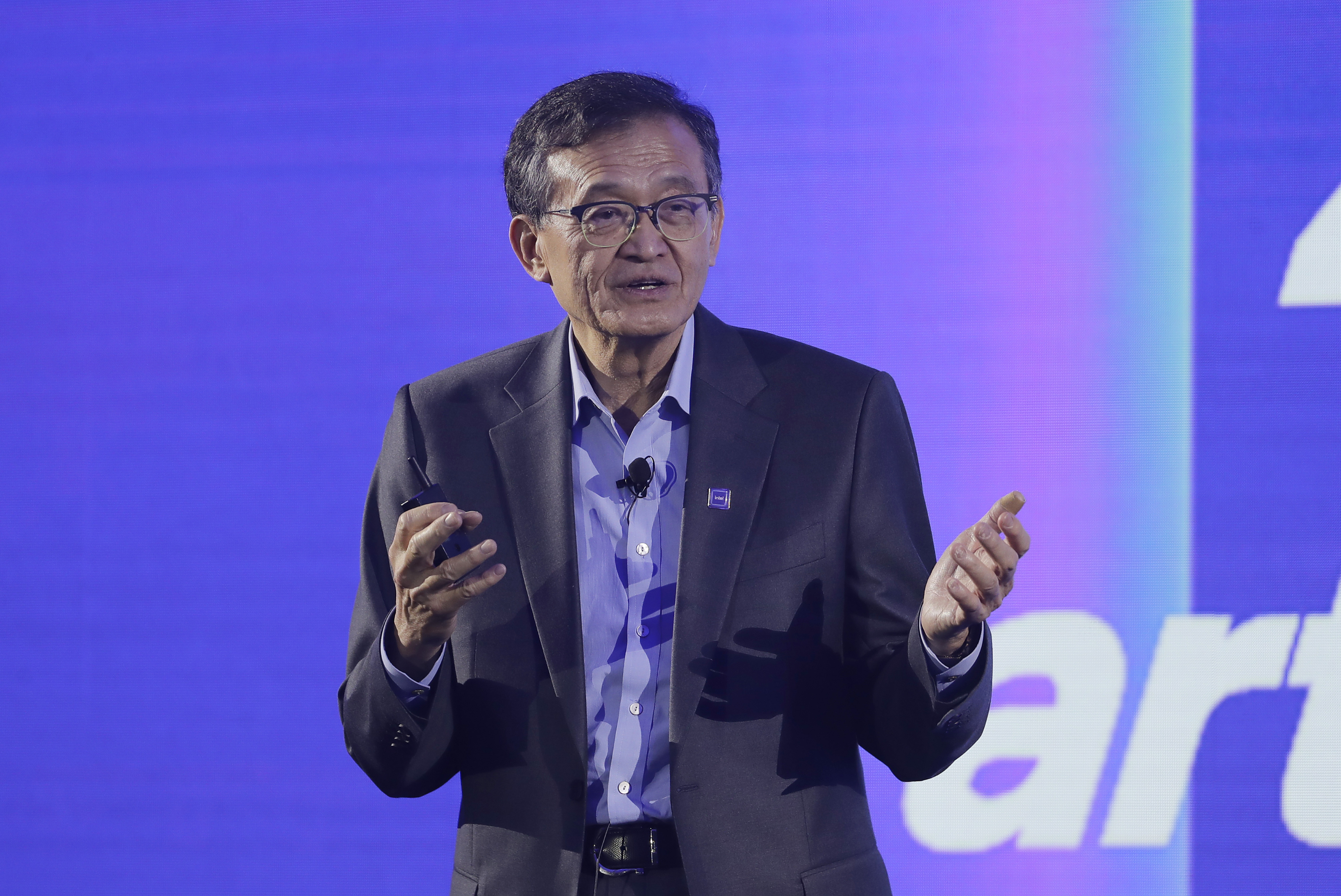 Intel CEO Lip-Bu Tan delivers a speech during the Computex 2025 exhibition in Taipei, Taiwan, Monday, May 19, 2025. (AP Photo/Chiang Ying-ying)