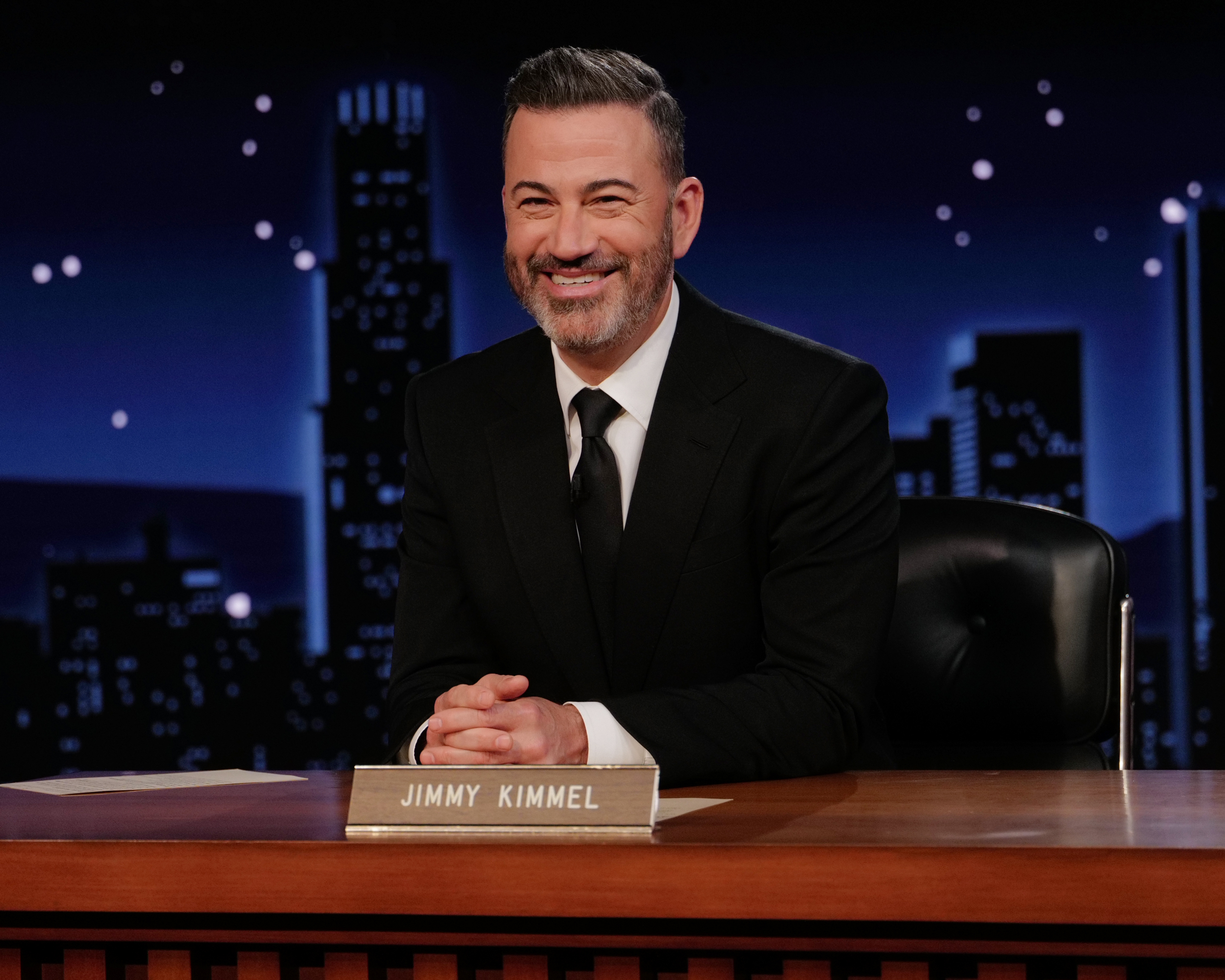 This image released by ABC shows Jimmy Kimmel on the set of "Jimmy Kimmel Live!" on May 20, 2025. (Randy Holmes/Disney via AP)
