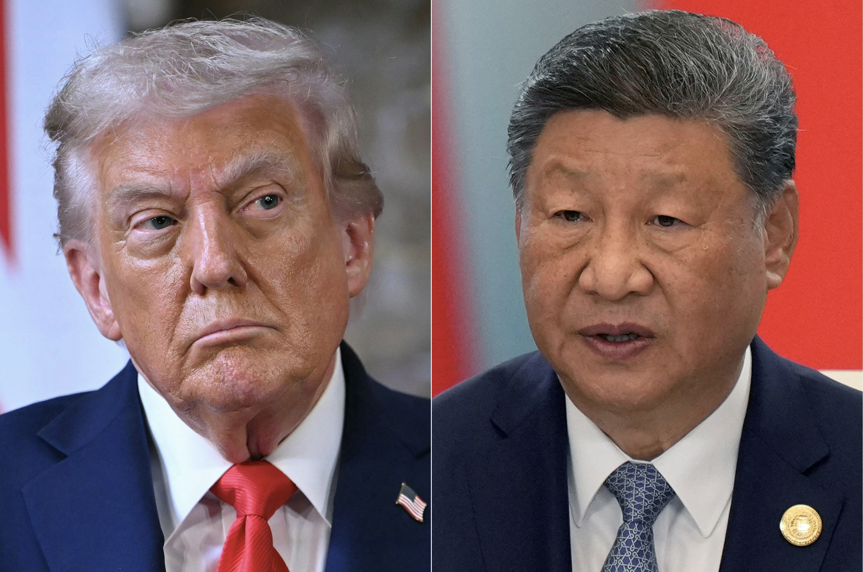 (FILES) (COMBO) This combination of pictures created on September 19, 2025 shows US President Donald Trump attending a joint press conference with Britain's Prime Minister Keir Starmer (unseen) following their meeting at Chequers, in Aylesbury, central England, on September 18, 2025, on the second day of the US President's second State Visit. Chinese President Xi jinping delivering a speech during the Shanghai Cooperation Organization (SCO) Summit 2025 at the Meijiang Convention and Exhibition Centre in Tianjin on September 1, 2025.