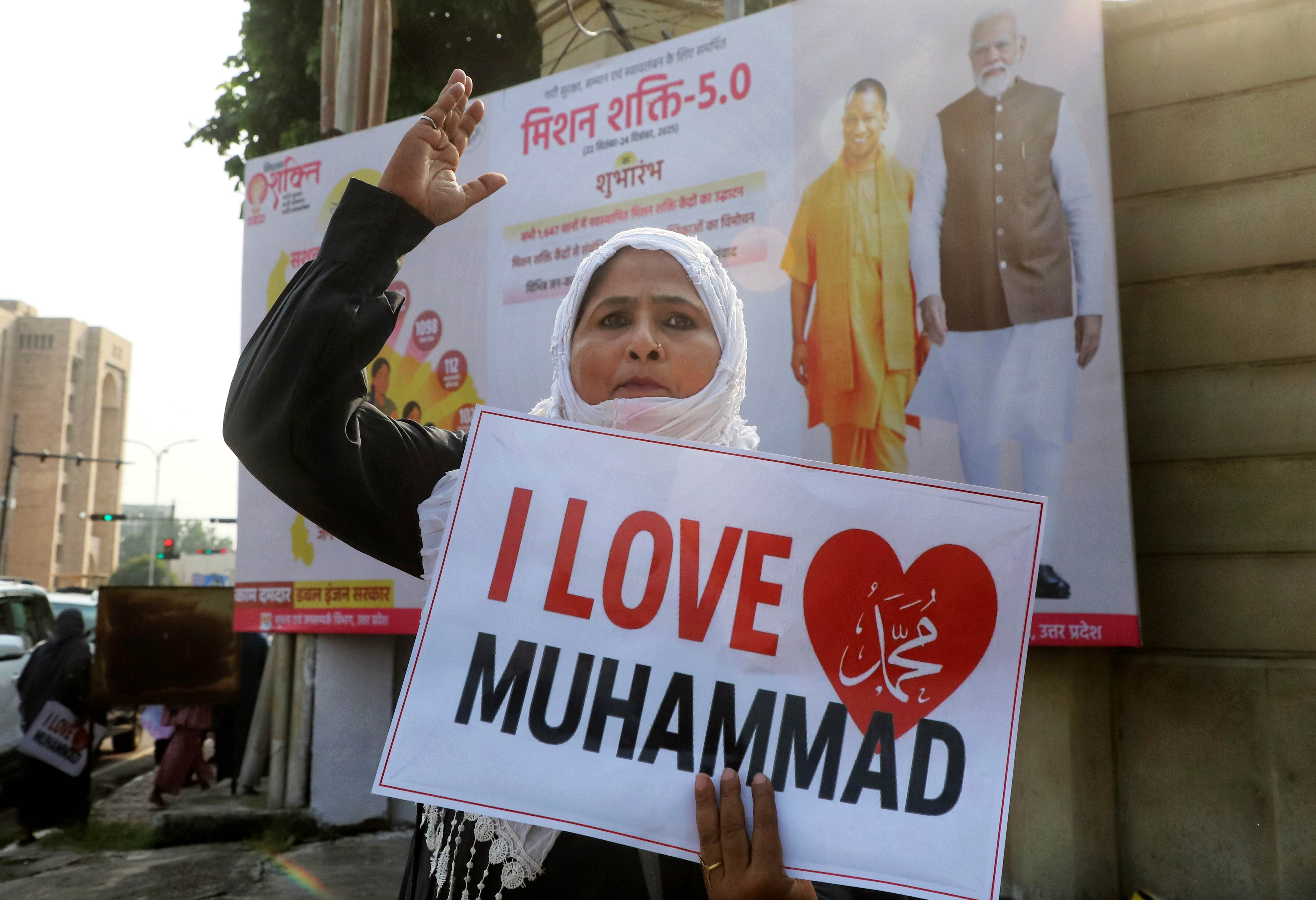 A woman protesting outside the Uttar Pradesh Legislative Assembly building in Lucknow