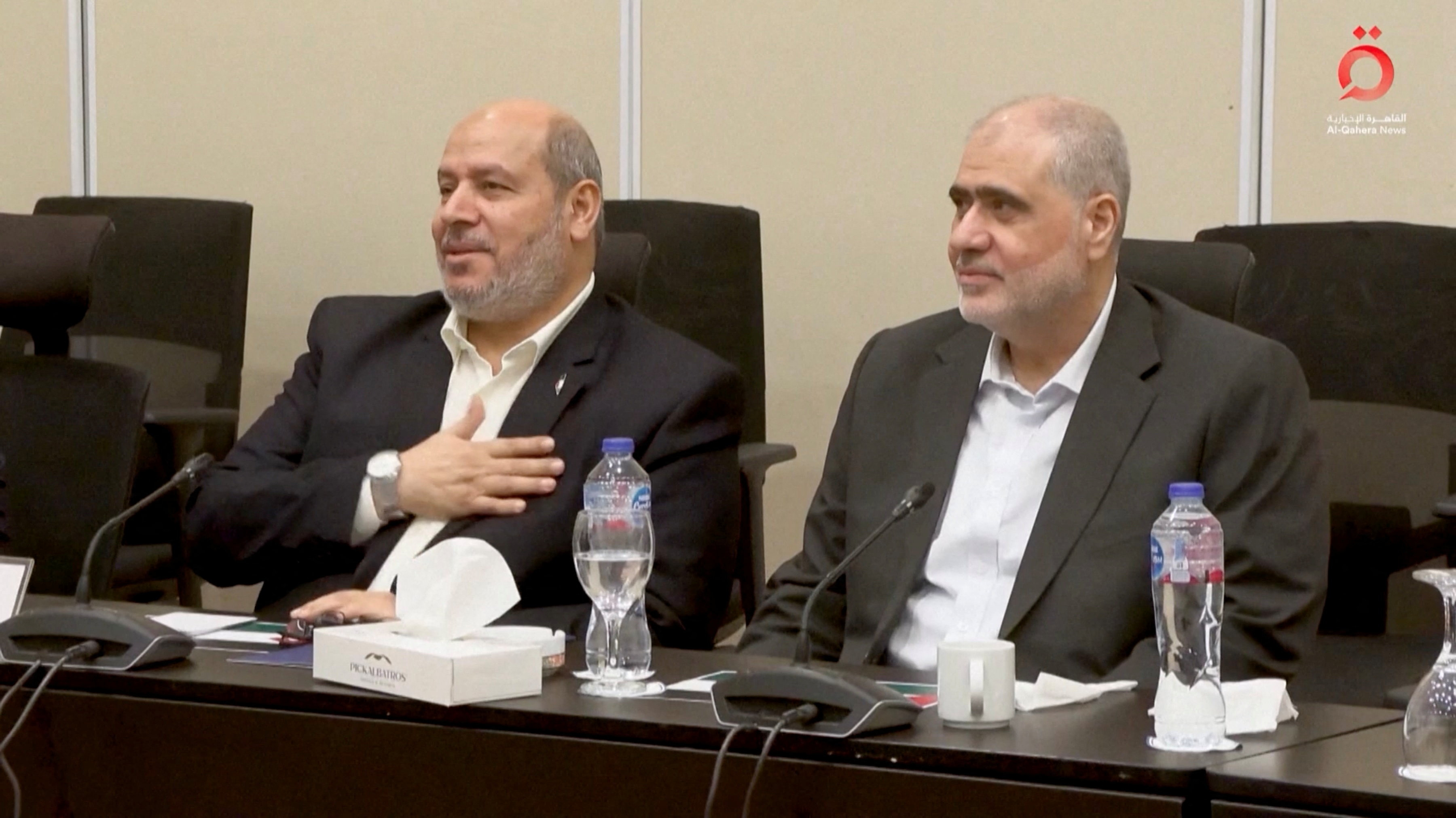 Senior Hamas official Khalil Al-Hayya gestures as he attends a meeting with Egyptian, Qatari and Turkish delegations ahead of a Gaza ceasefire deal announcement, in Sharm El-Sheikh, Egypt, October 8, 2025, in this still image obtained from a video. Al-Qahera News/Handout via REUTERS THIS IMAGE HAS BEEN SUPPLIED BY A THIRD PARTY. EGYPT OUT. NO COMMERCIAL OR EDITORIAL SALES IN EGYPT. MUST NOT OBSCURE LOGO.