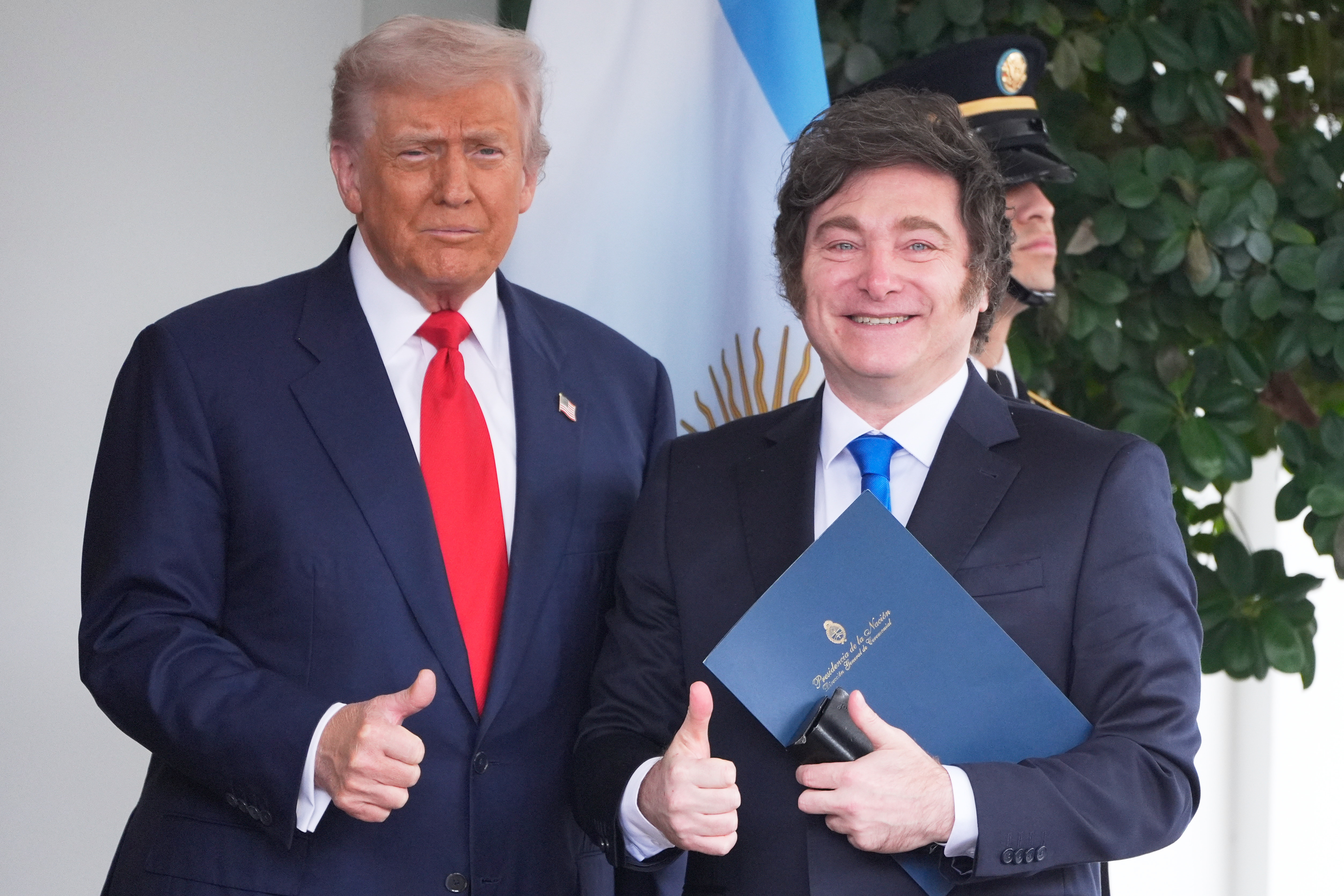 US President Donald Trump greets Argentina's President Javier Milei on October 14 at the White House in Washington, DC, the United States