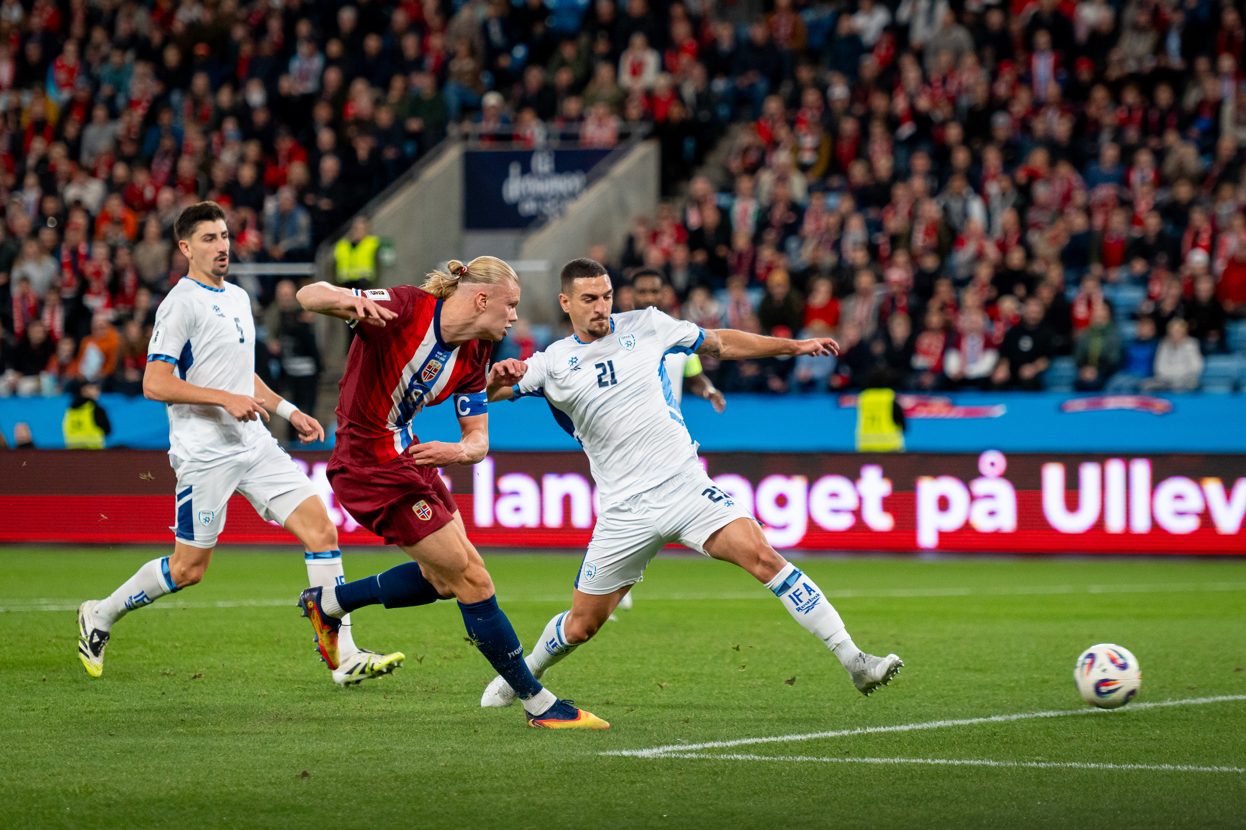 Erling Haaland, centre, scores a goal during the FIFA World Cup 2026 qualifier match between Norway and Israel at Ullevaal Stadium