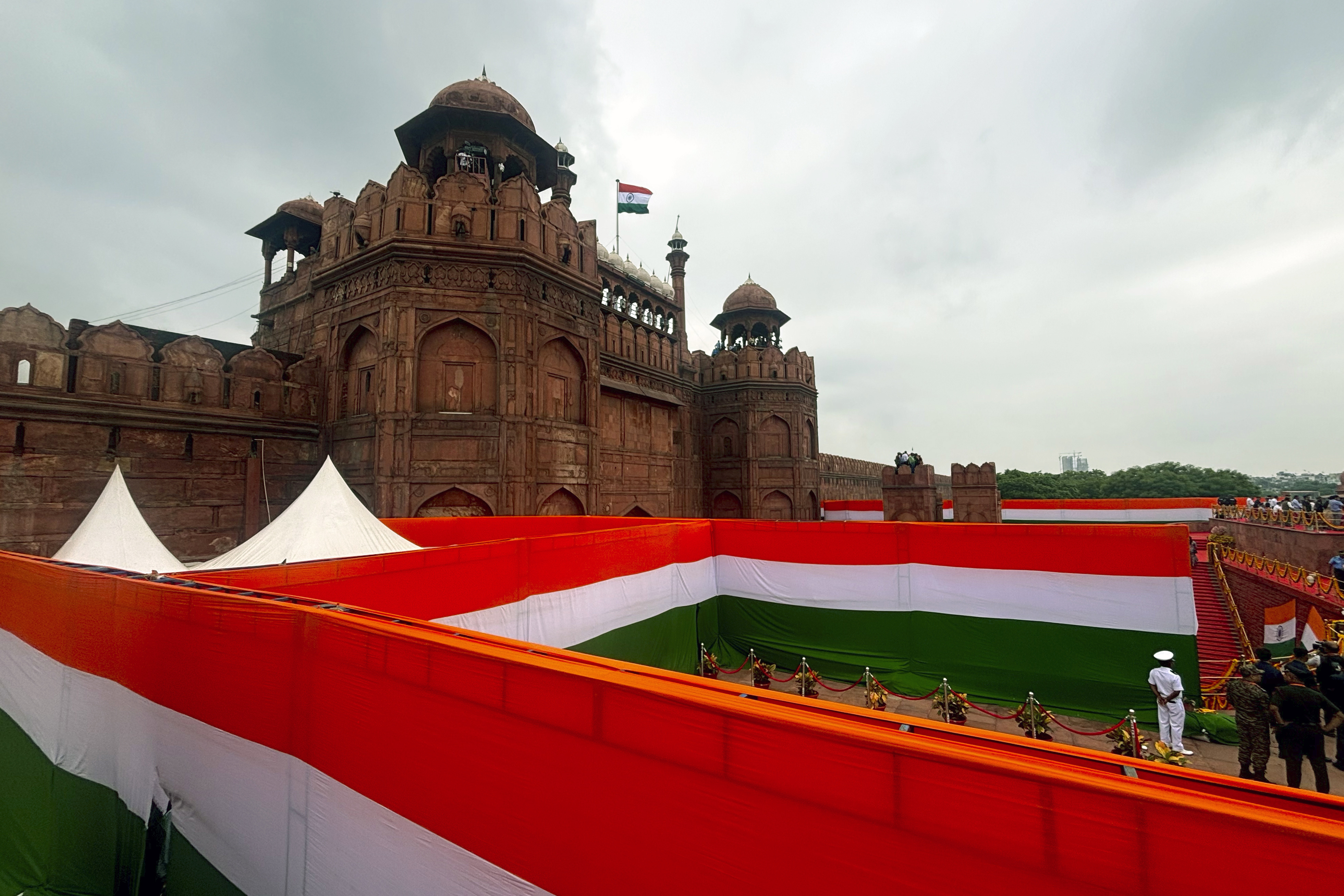 The front compound of the 17th-century, Mughal-era Red Fort is decorated in India’s national colours for Independence Day celebrations in New Delhi