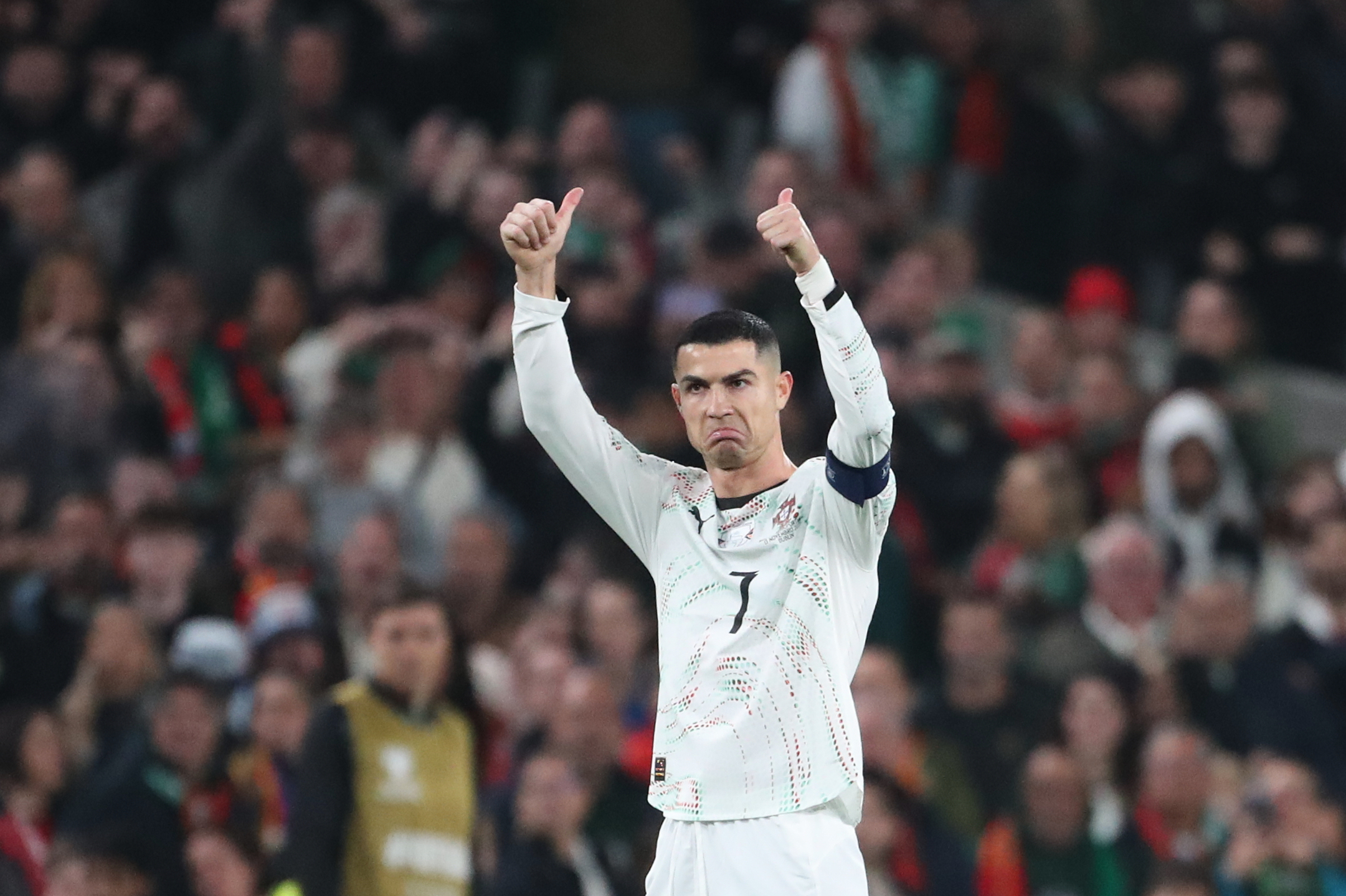 Portugal's Cristiano Ronaldo leaves the pitch after being shown a red card