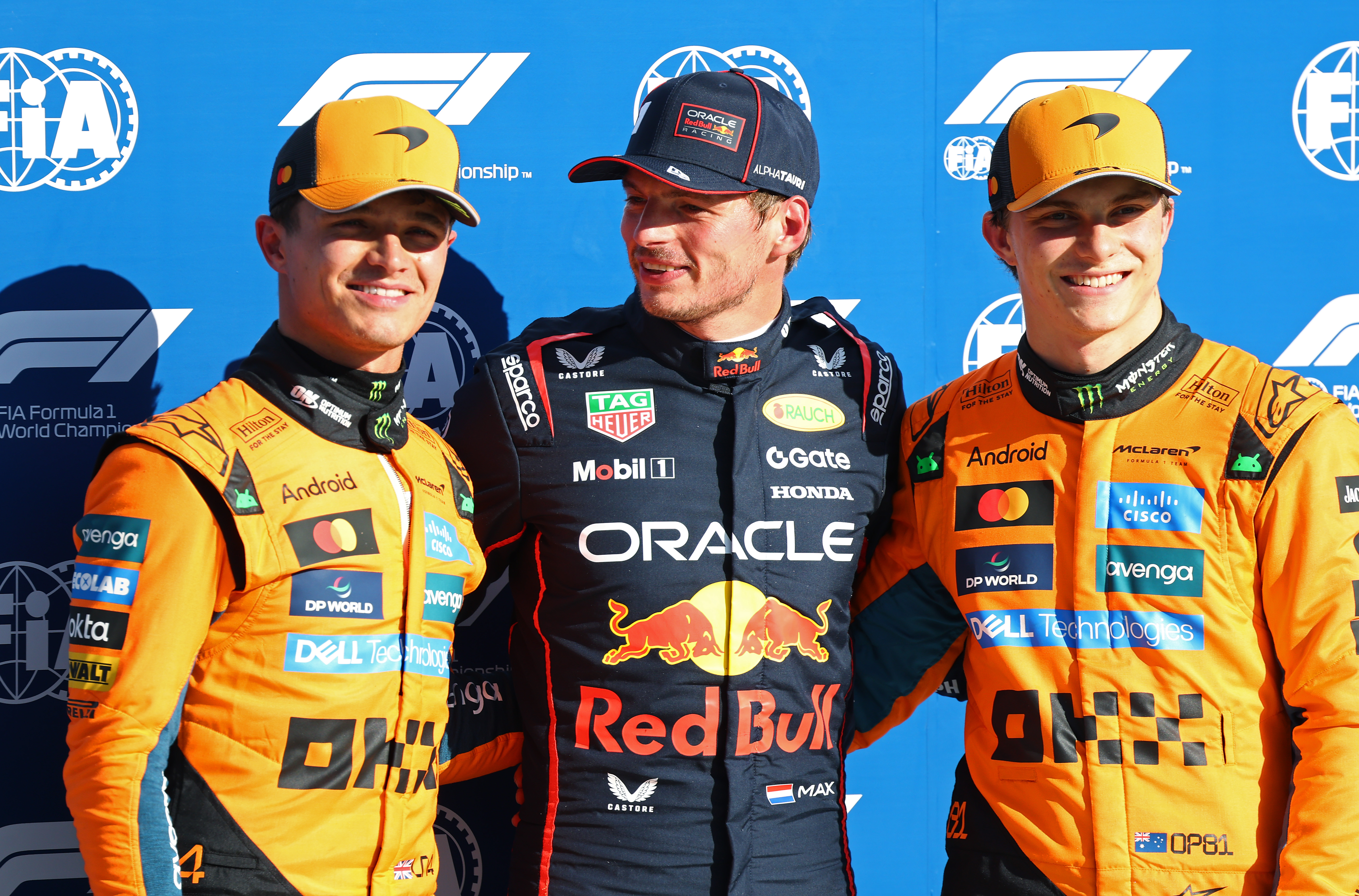 Lando Norris, Max Verstappen and Oscar Piastri react.