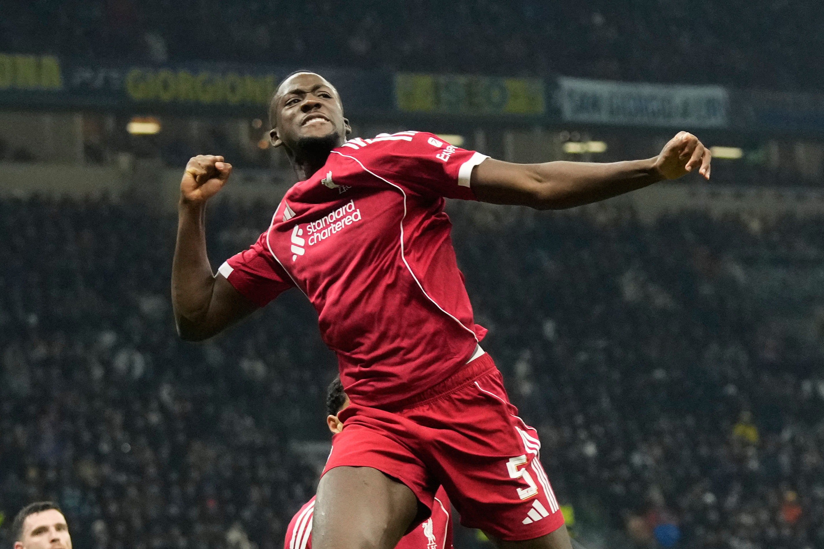 Liverpool's Ibrahima Konate celebrates scoring a goal that was disallowed following a VAR evaluation during a Champions League, league phase, soccer match between Inter Milan and Liverpool in Milan, Italy, Tuesday, Dec.9, 2025. (AP Photo/Luca Bruno)