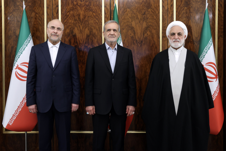 From left, Iranian parliament chief Mohammad Bagher Ghalibaf, President Masoud Pezeshkian and judiciary chief Gholam-Hossein Mohseni-Ejei
