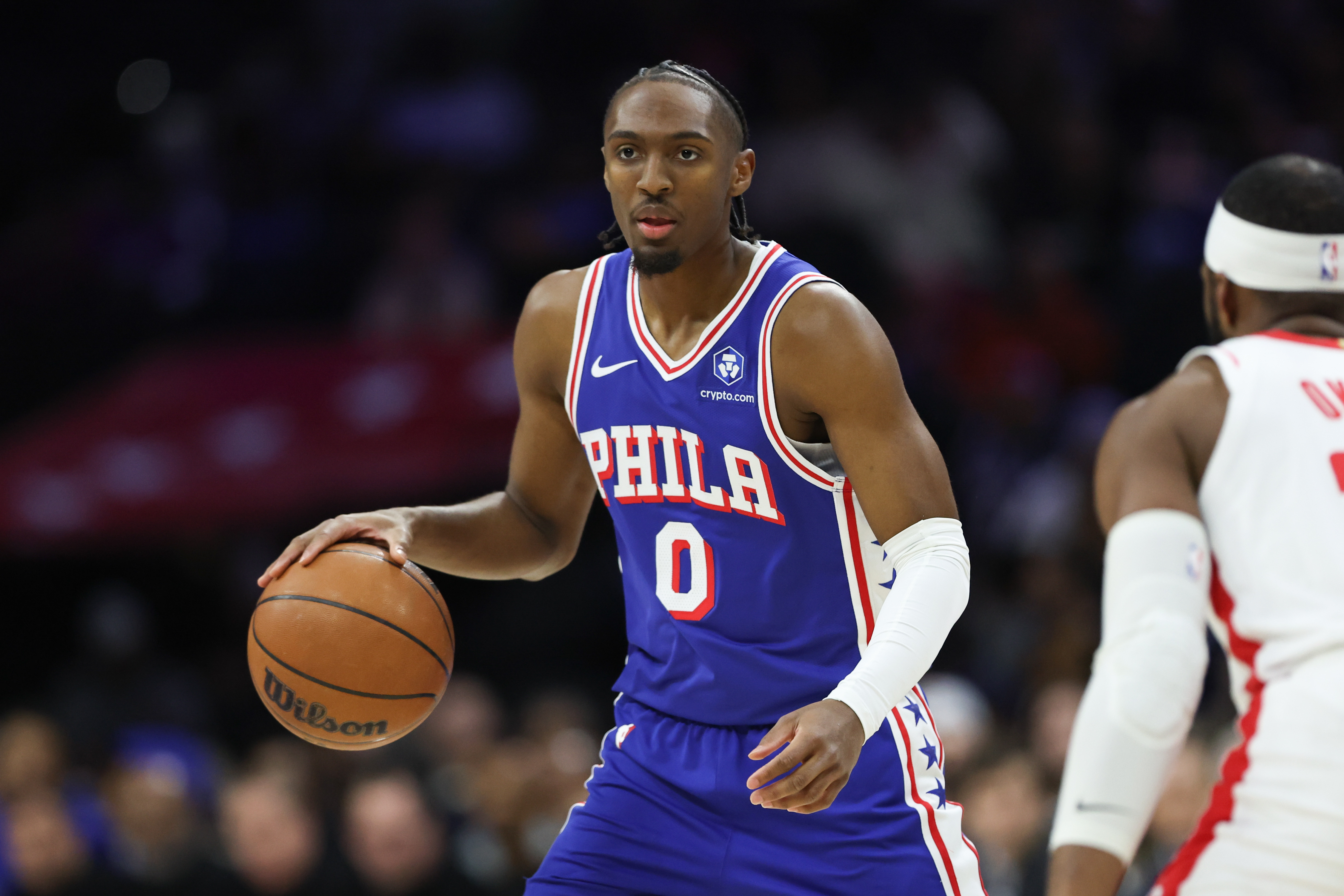 Philadelphia 76ers guard Tyrese Maxey (0) controls the ball.