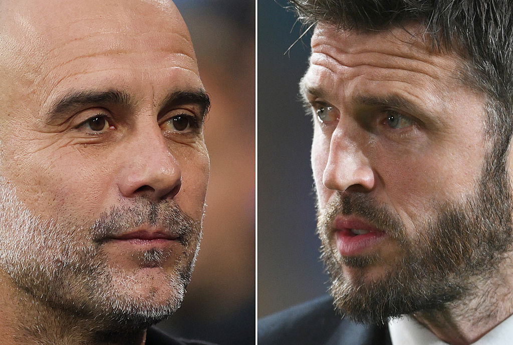 Pep Guardiola, Manager of Manchester City (L) and Michael Carrick, caretaker Head Coach of Manchester United
