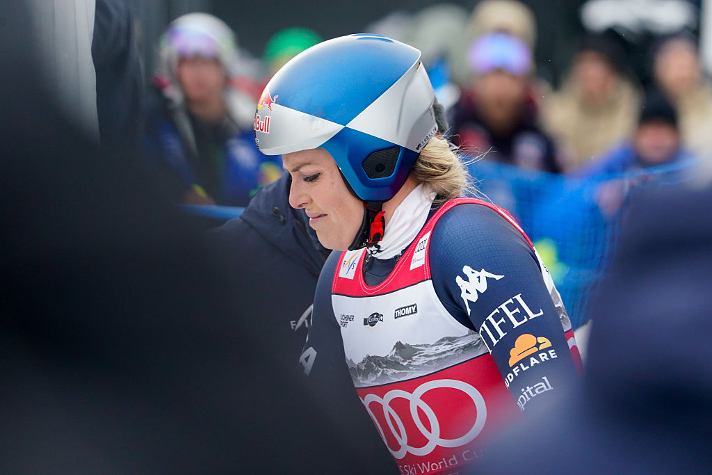 Lindsey Vonn of Team United States crashes out during the Audi FIS Alpine Ski World Cup Women's Downhill on January 30, 2026 in Crans Montana, Switzerland