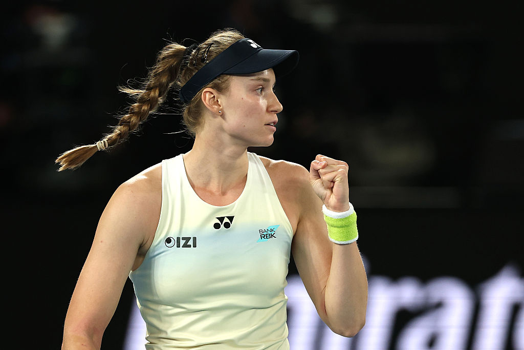 Elena Rybakina of Kazakhstan celebrates a point in the Women's Singles Final against Aryna Sabalenka