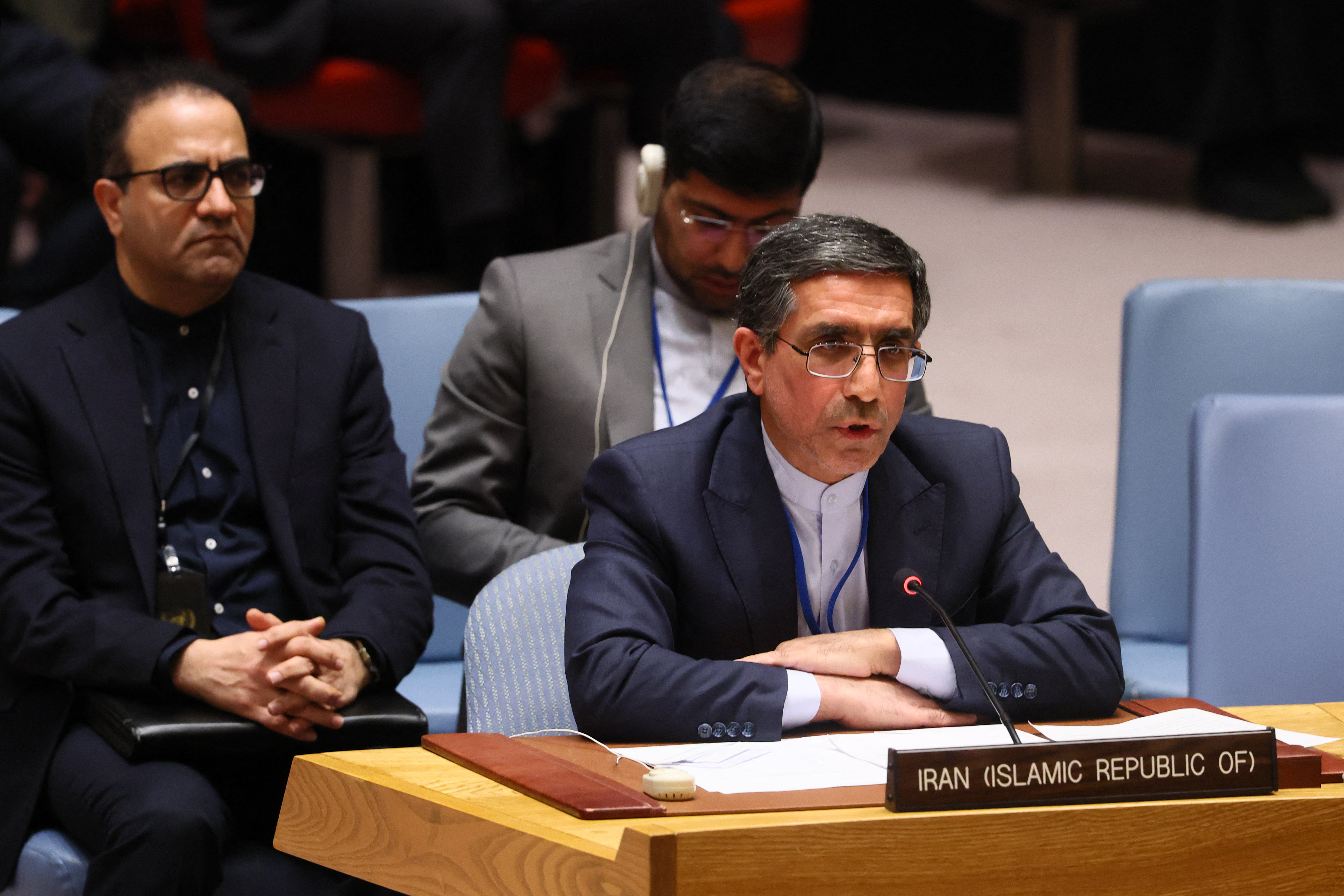 NEW YORK, NEW YORK - JANUARY 15: Gholamhossein Darzi, Ambassador and Deputy Permanent Representative of the Islamic Republic of Iran to the UN, speaks during a United Nations Security Council meeting on the situation in Iran at the United Nations headquarters on January 15, 2026 in New York City. The Security Council held an emergency meeting that was requested by the United States. People in Iran have been protesting for the past two weeks challenging the country’s authoritarian clerical rulers. Michael M. Santiago/Getty Images/AFP (Photo by Michael M. Santiago / GETTY IMAGES NORTH AMERICA / Getty Images via AFP)