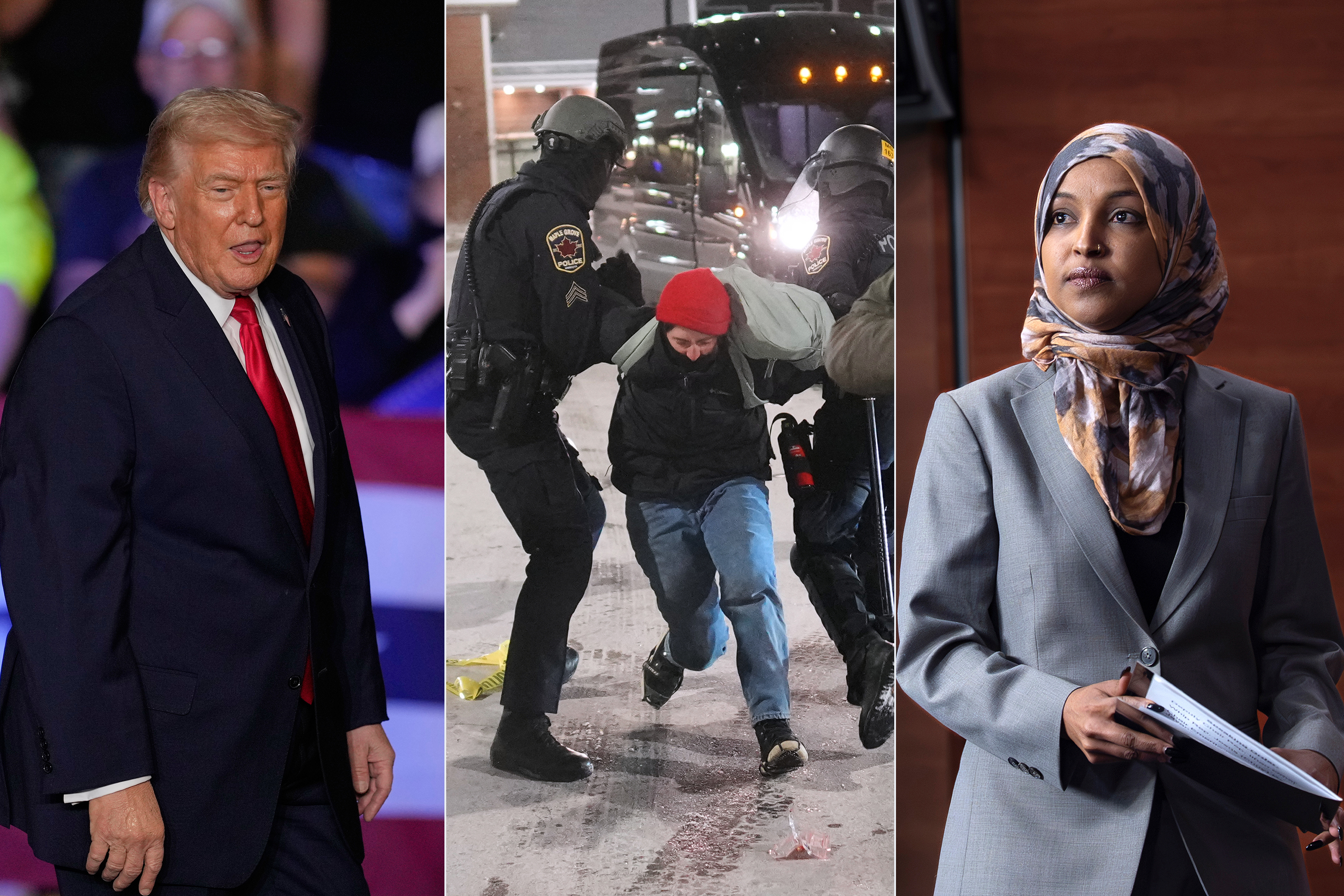 Donald Trump,Law enforcement officers detain a demonstrator during a protest and Ilhan Omar