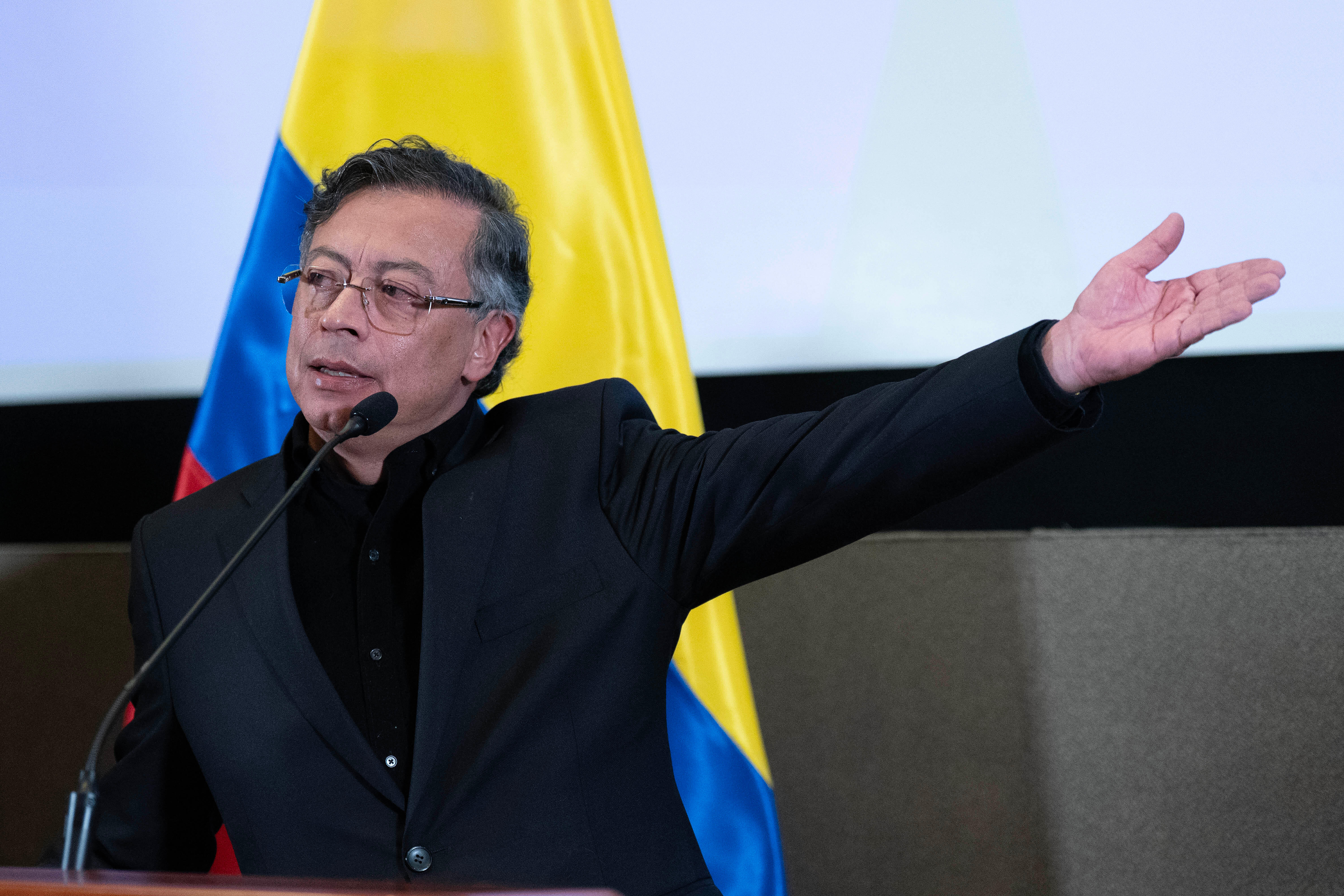 Colombian President Gustavo Petro speaks during a news conference at the Colombian Embassy in Washington, DC, on February 3
