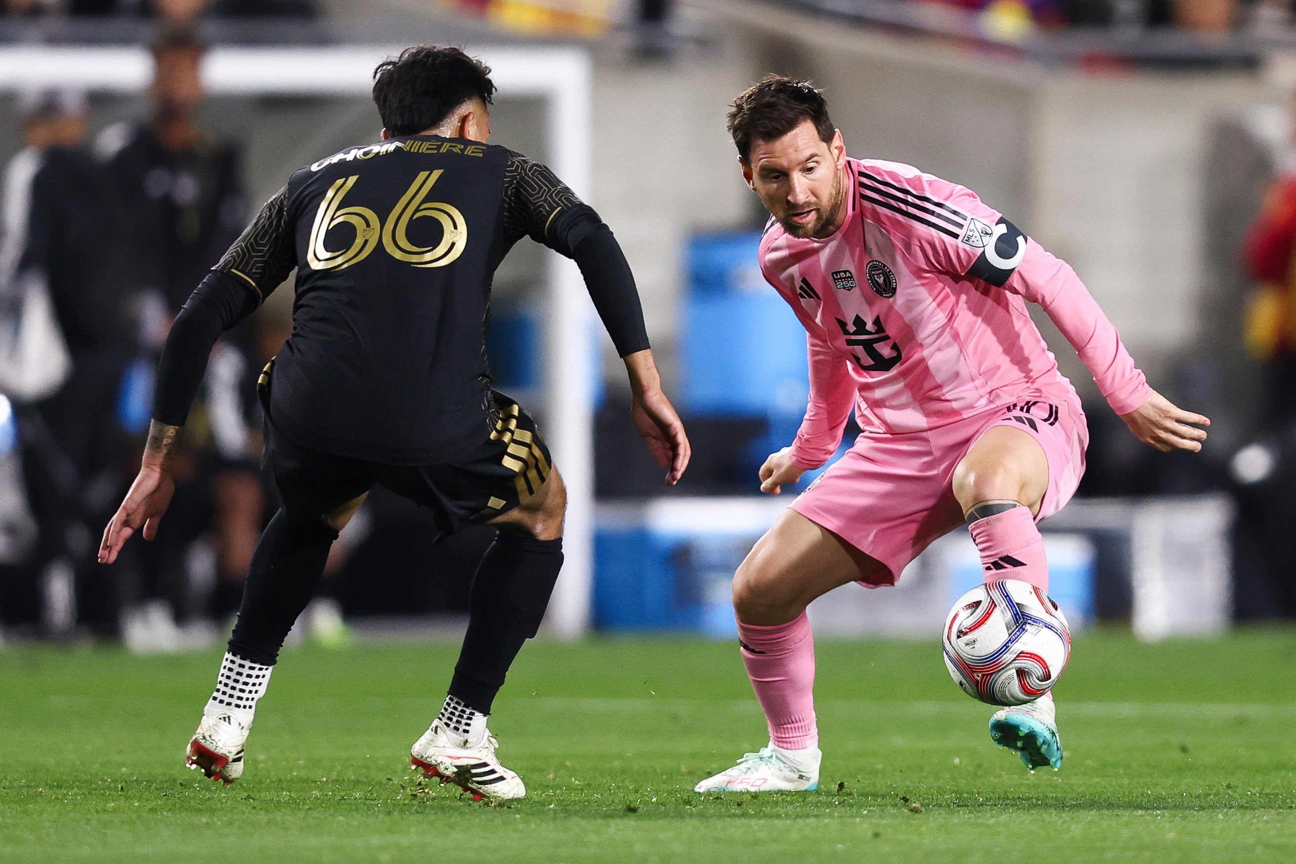 Messi, right, was ineffective in attack against the LAFC defence in the first fixture of the new 2026 season