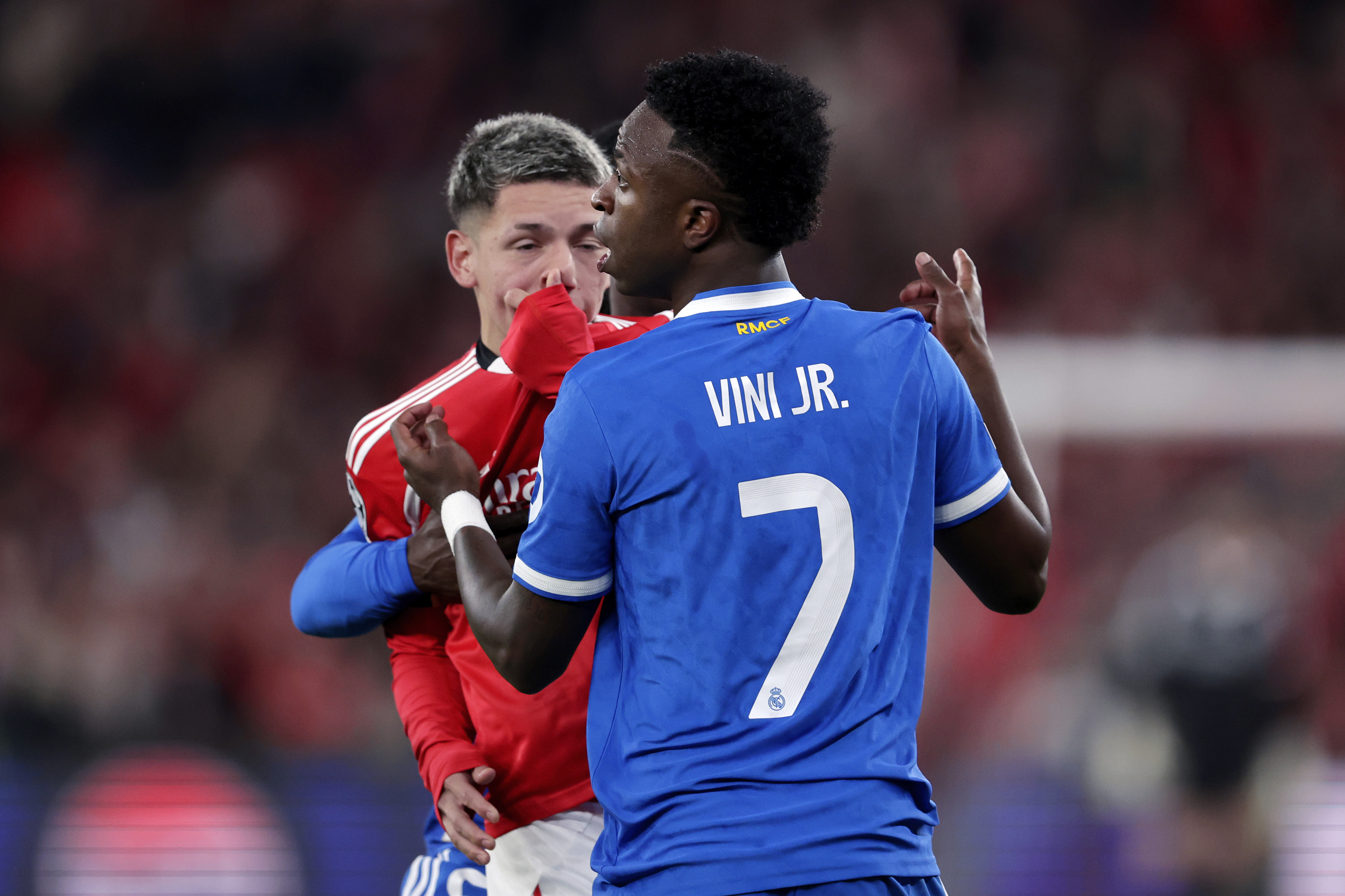 Vinicius Jr confronts Prestianni during the first leg at the Estadio Da Luz in Lisbon on February 17, 2026