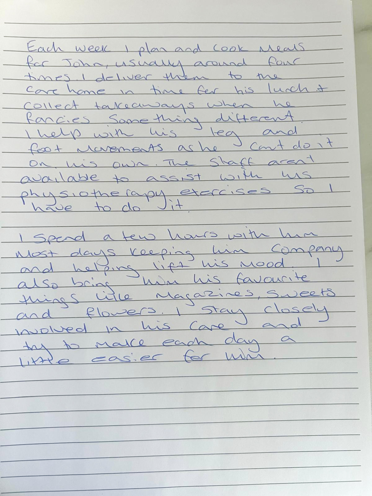 Linda’s handwritten note details how she takes food to John at the care home and tries to ‘make each day a little easier for him’ [Courtesy of Linda]
