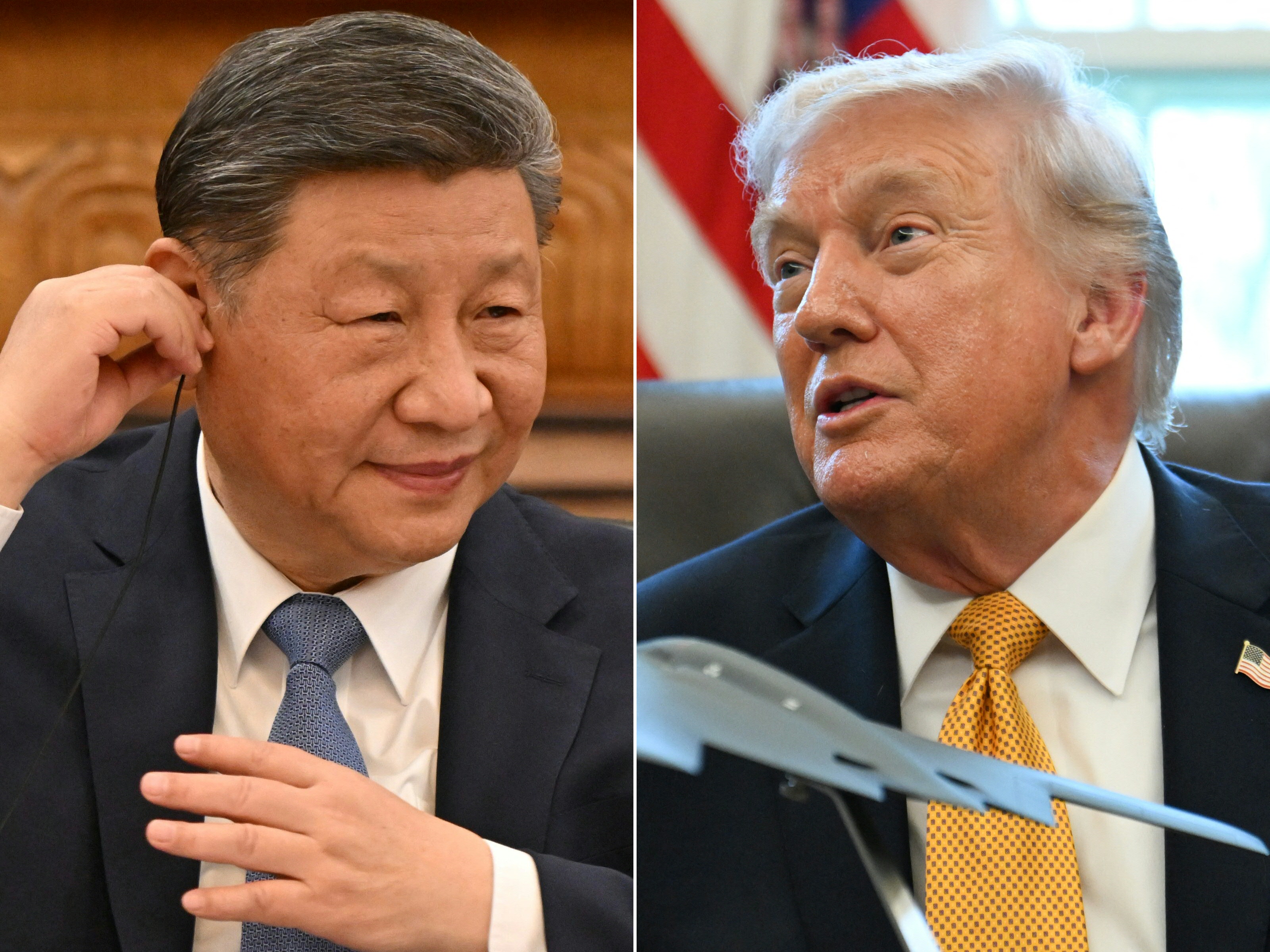 (COMBO) This combination of pictures created on March 16, 2026 shows China's President Xi Jinping attening a meeting with a group of foreign executives at the Great Hall of the People in Beijing on March 28, 2025 and US President Donald Trump speaking after signing an executive order on fraud in the Oval Office at the White House in Washington, DC, on March 16, 2026.