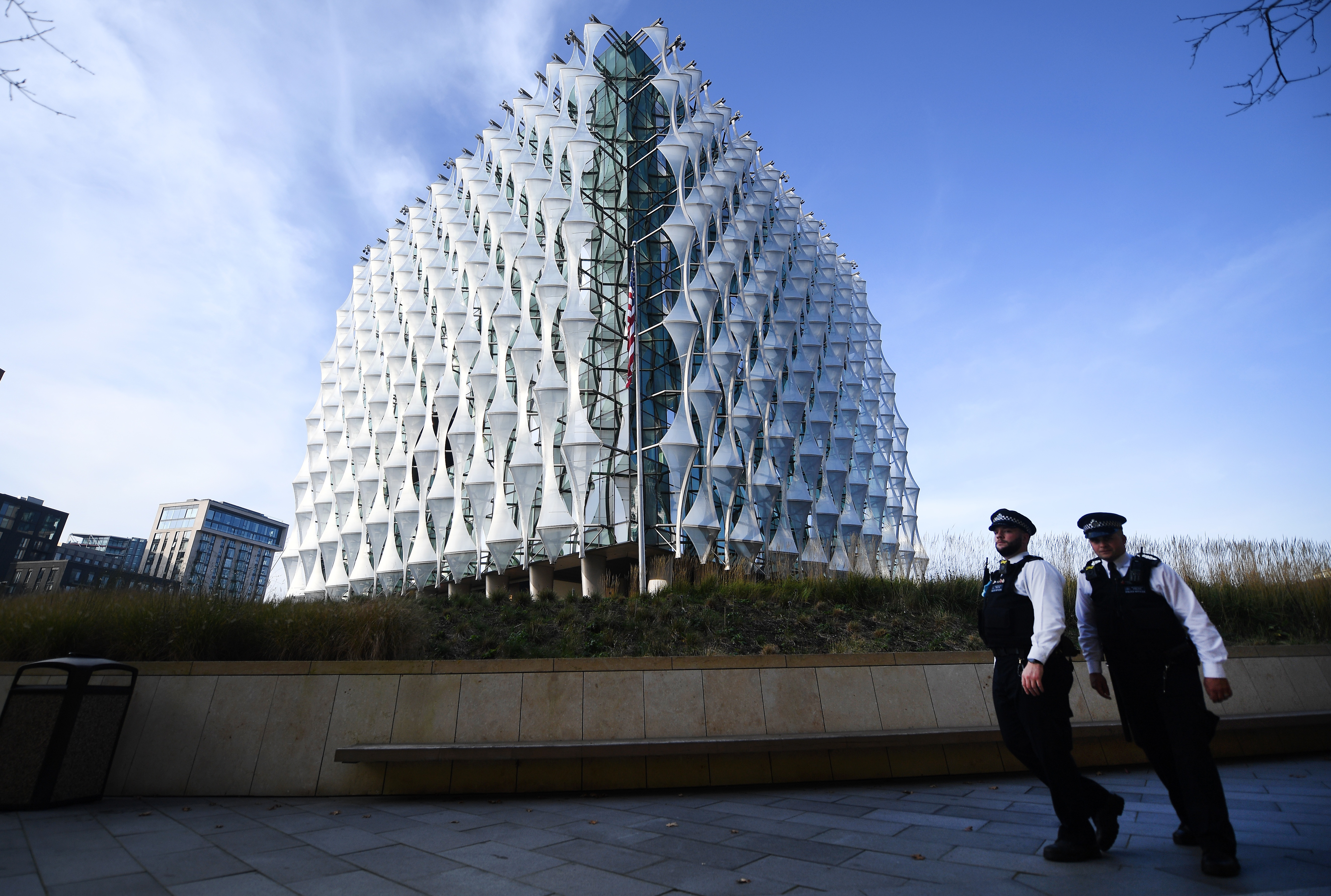 Police patrol outside of the US Embassy in London,