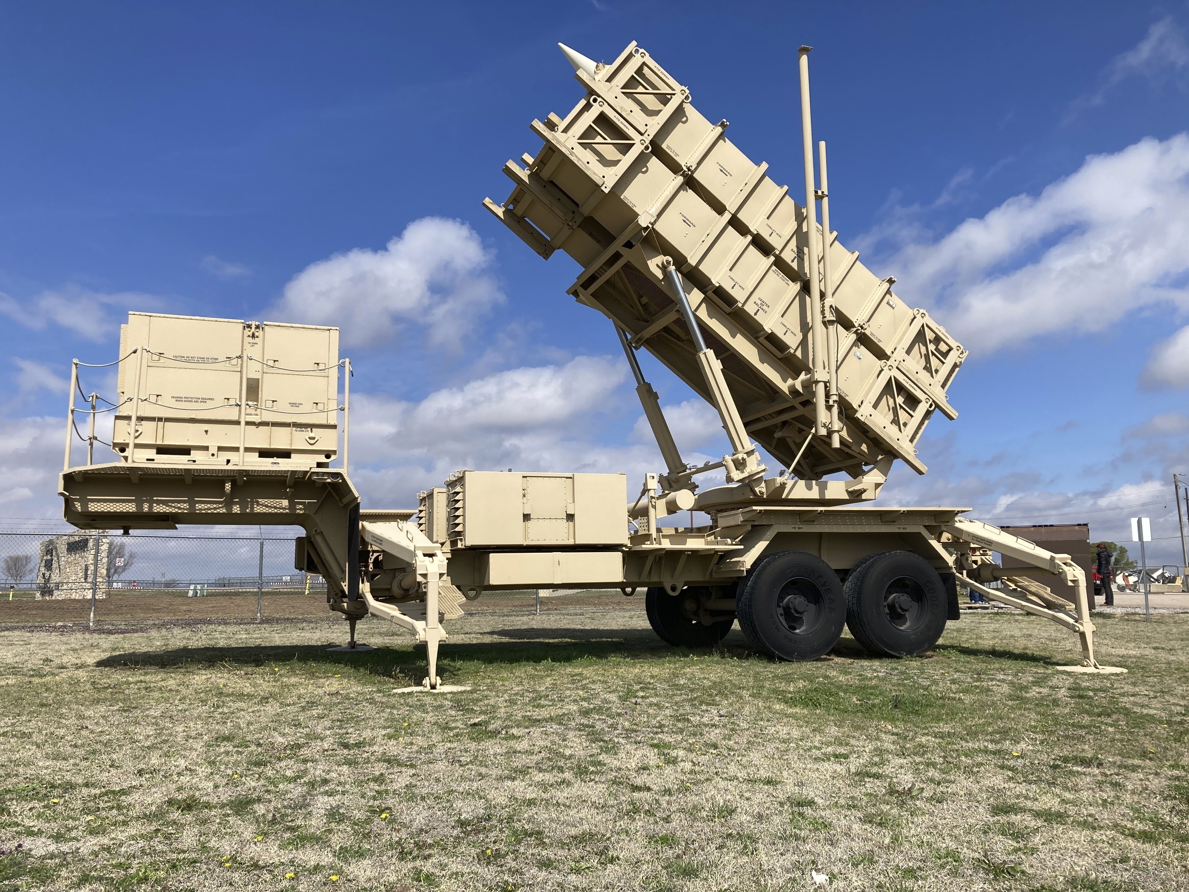 A Patriot missile mobile launcher is displayed outside the Fort Sill Army Post near Lawton, Okla