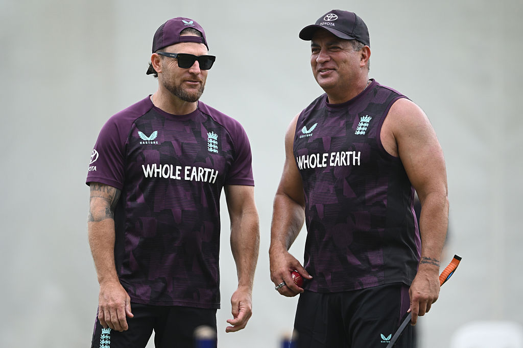 England coaches Marcus Trescothick and Adam Hollioake during an England nets session
