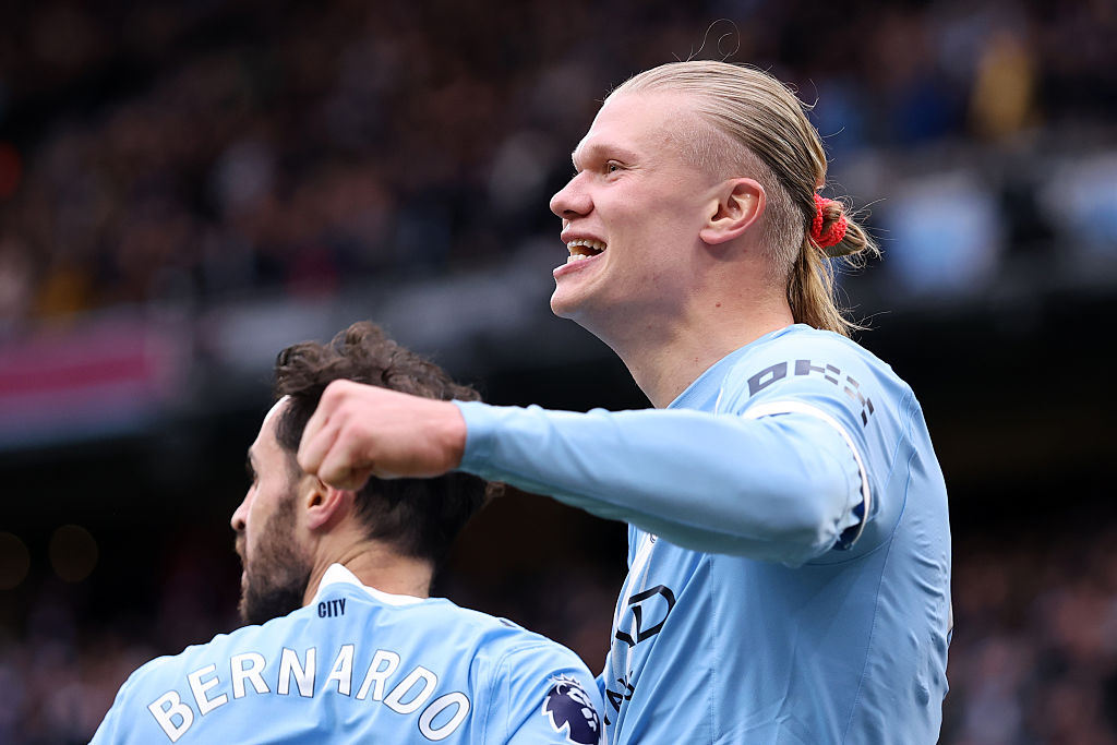 Erling Haaland of Manchester City celebrates scoring his team's second goal during the Premier League match between Manchester City and Brentford