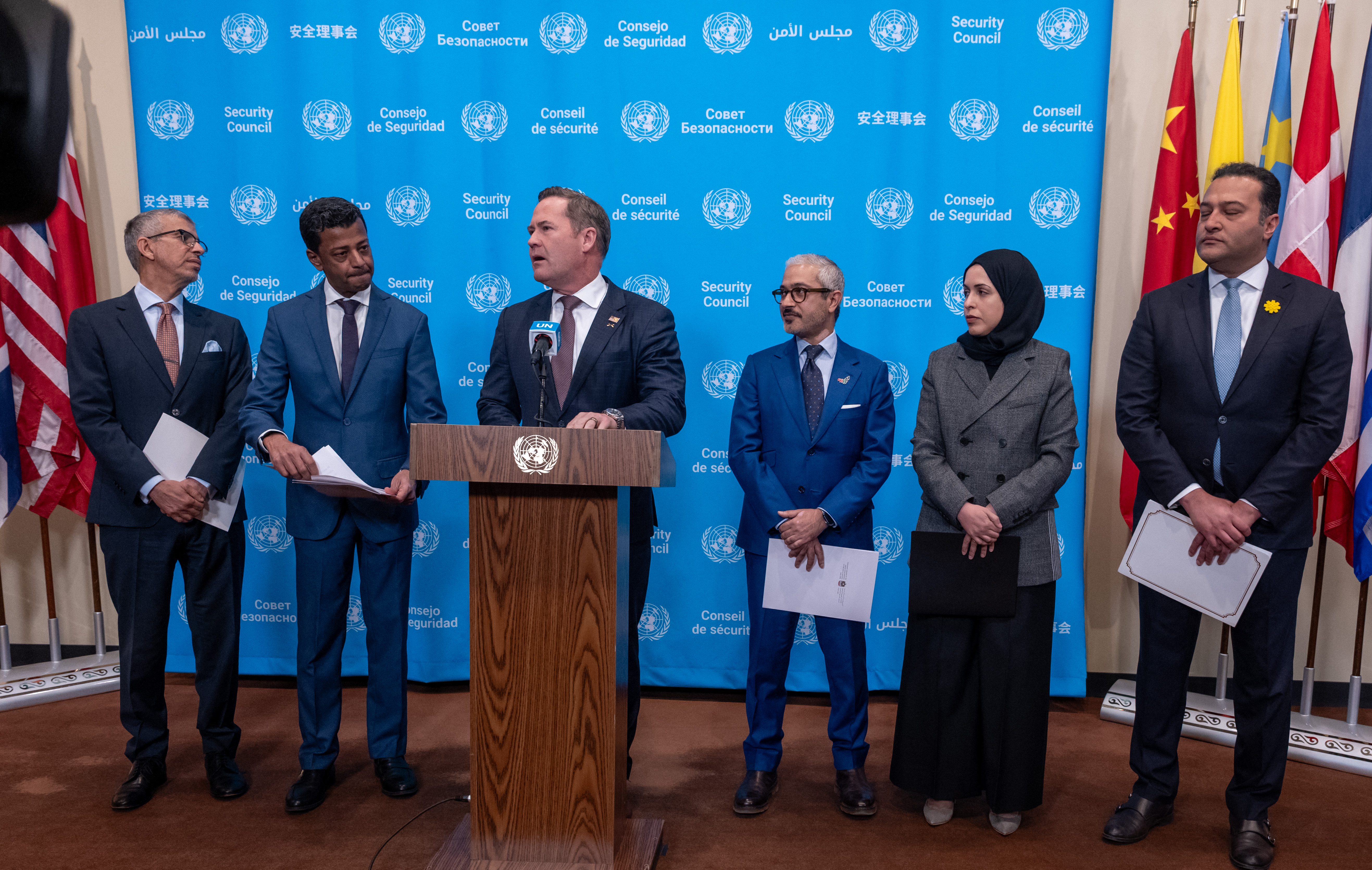 NEW YORK, NEW YORK - MAY 07: US Ambassador to the United Nations (UN) Mike Waltz is joined by Gulf states ambassadors as he speaks to reporters after the passing of a UN Security Council draft resolution on the situation with ships in the Strait of Hormuz at UN Headquarters on May 07, 2026 in New York City. The draft resolution threatens Iran with sanctions or other measures if it fails to halt attacks on ships in the Strait of Hormuz, which has become the center of contention between the US and Iran. Spencer Platt/Getty Images/AFP (Photo by SPENCER PLATT / GETTY IMAGES NORTH AMERICA / Getty Images via AFP)